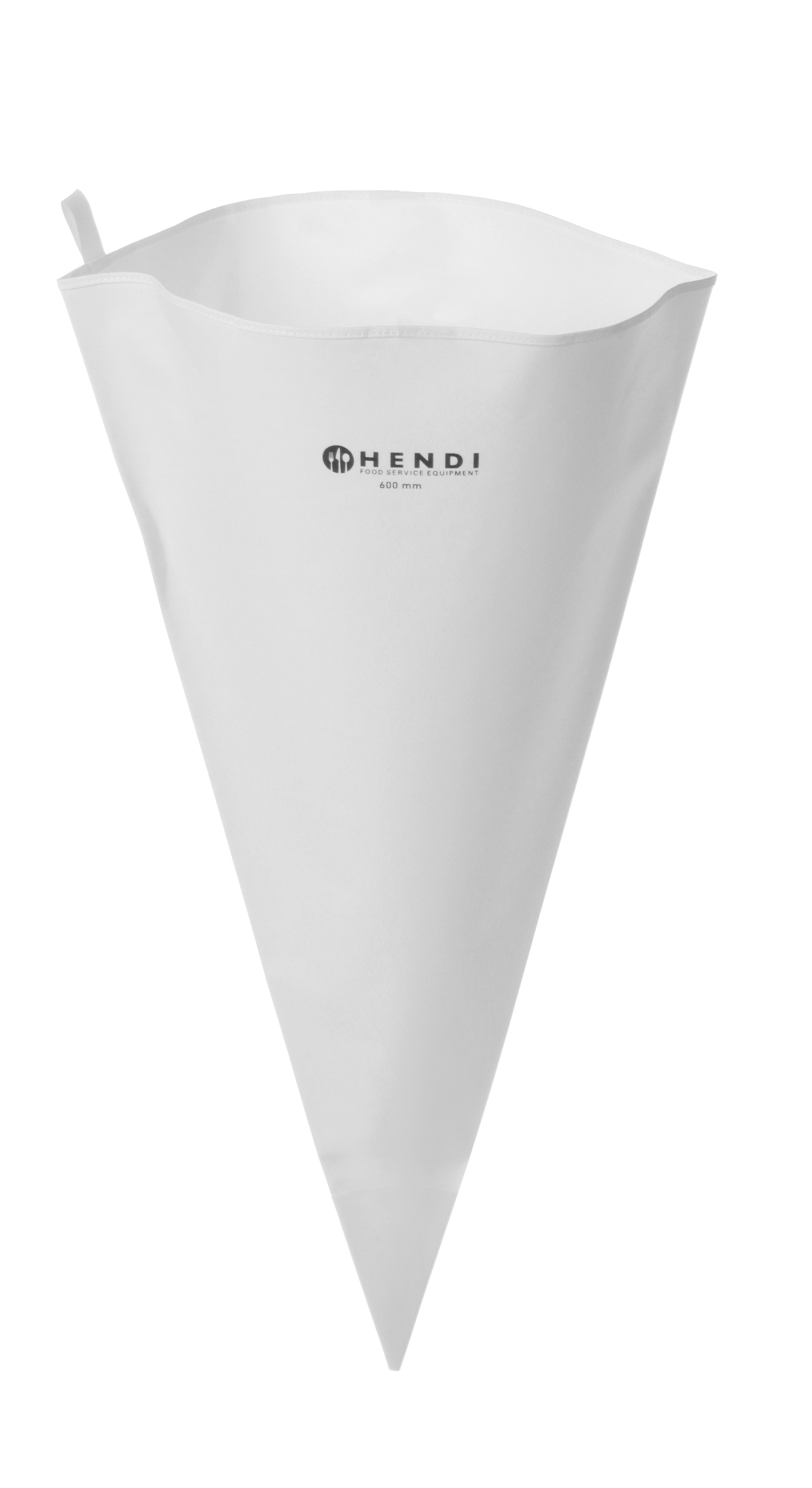 Una sac à poche bianca a forma di cono con logo, su bianco.