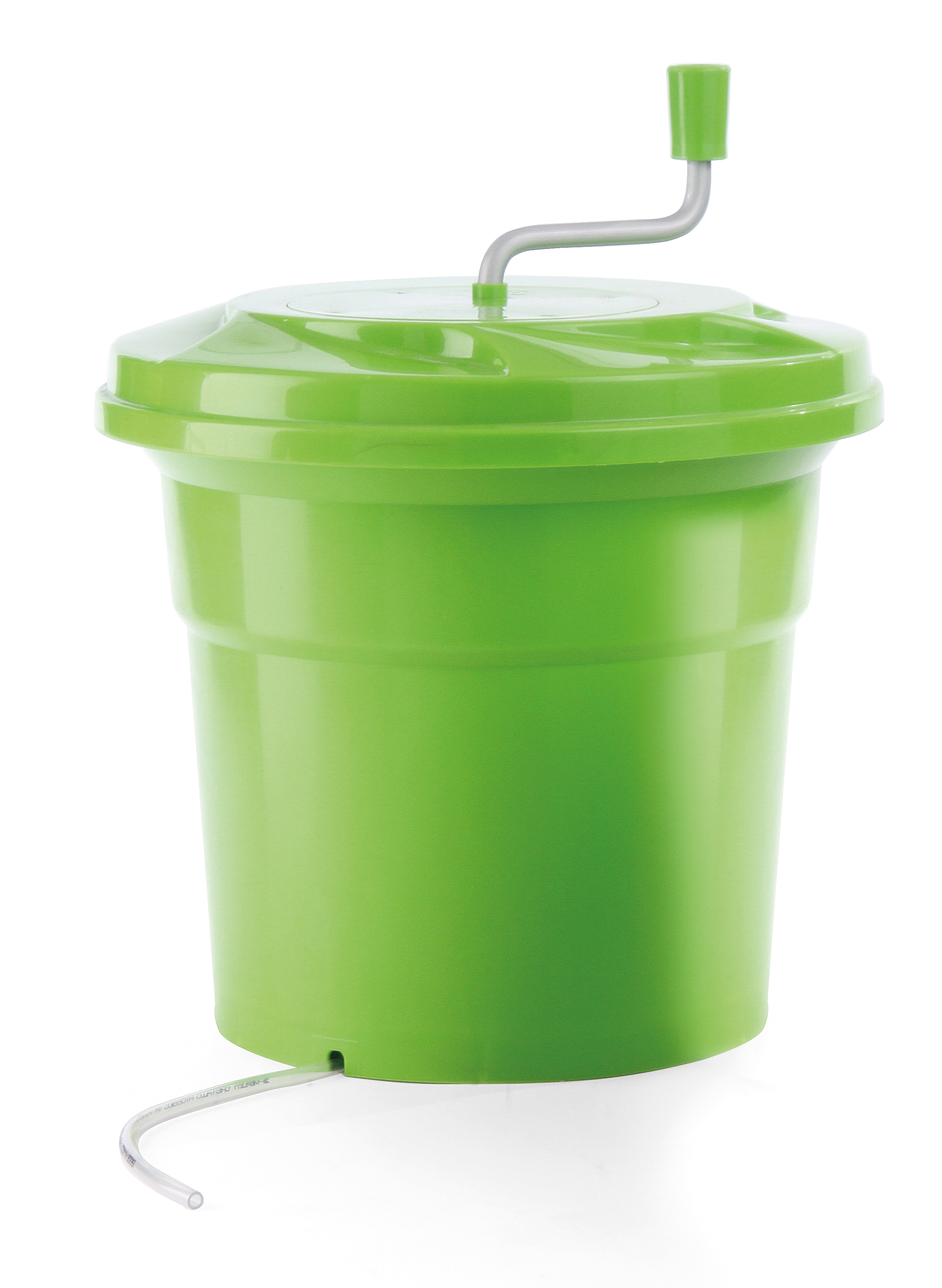 Centrifuga per insalata verde con manico, tubo bianco e coperchio verde.