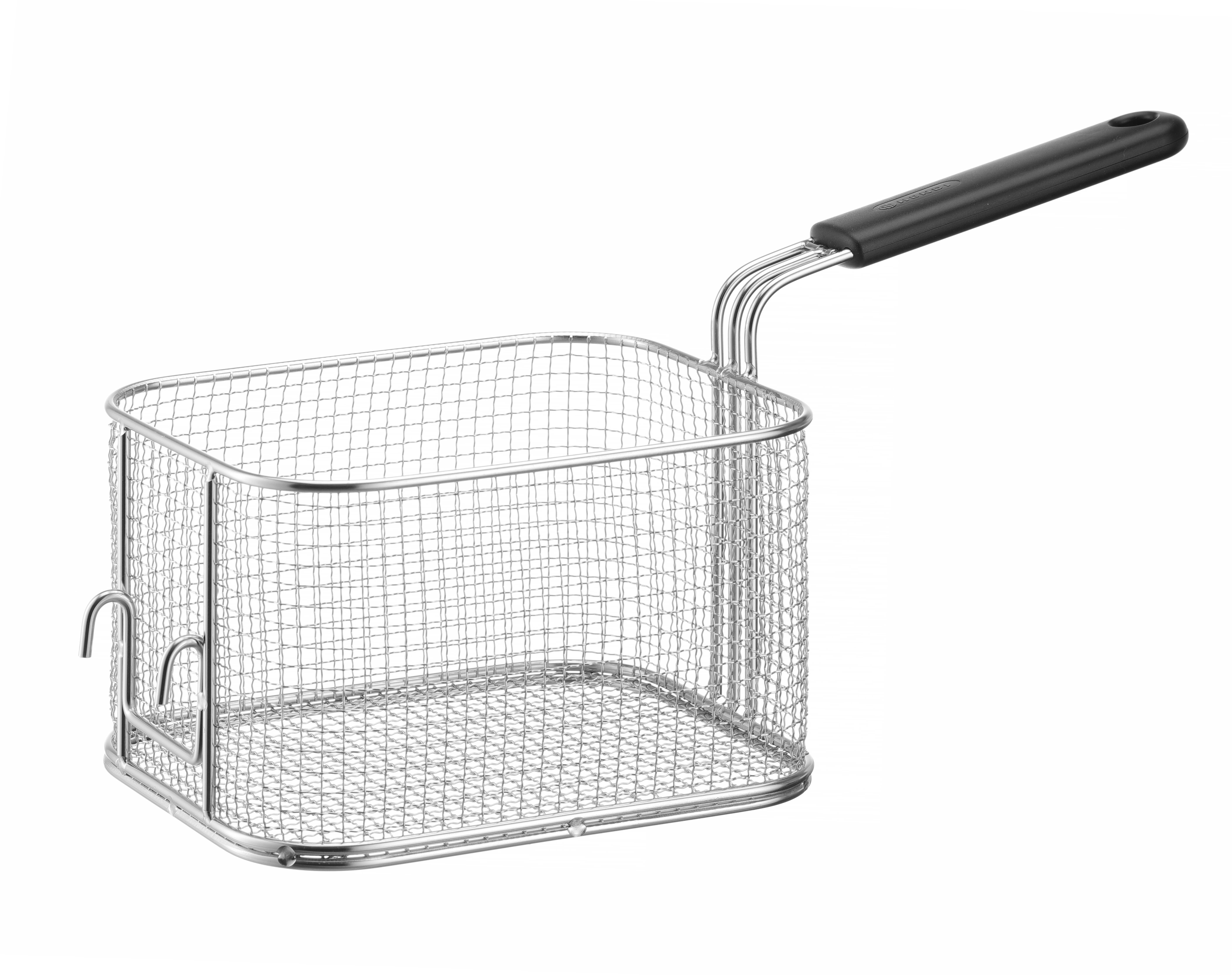 Un cestello per friggere in acciaio inox con manico nero, su sfondo bianco.