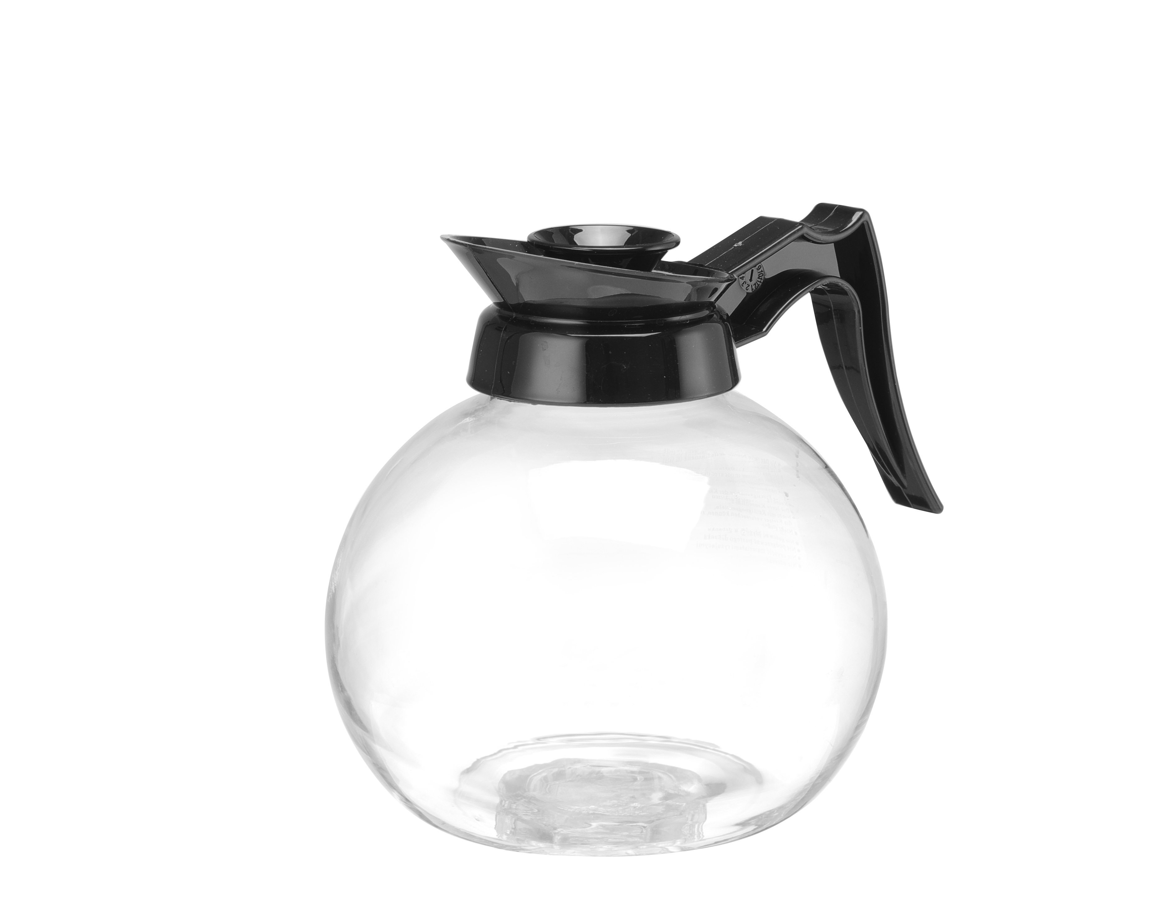 Caffettiera in vetro trasparente con coperchio e manico in plastica nera.