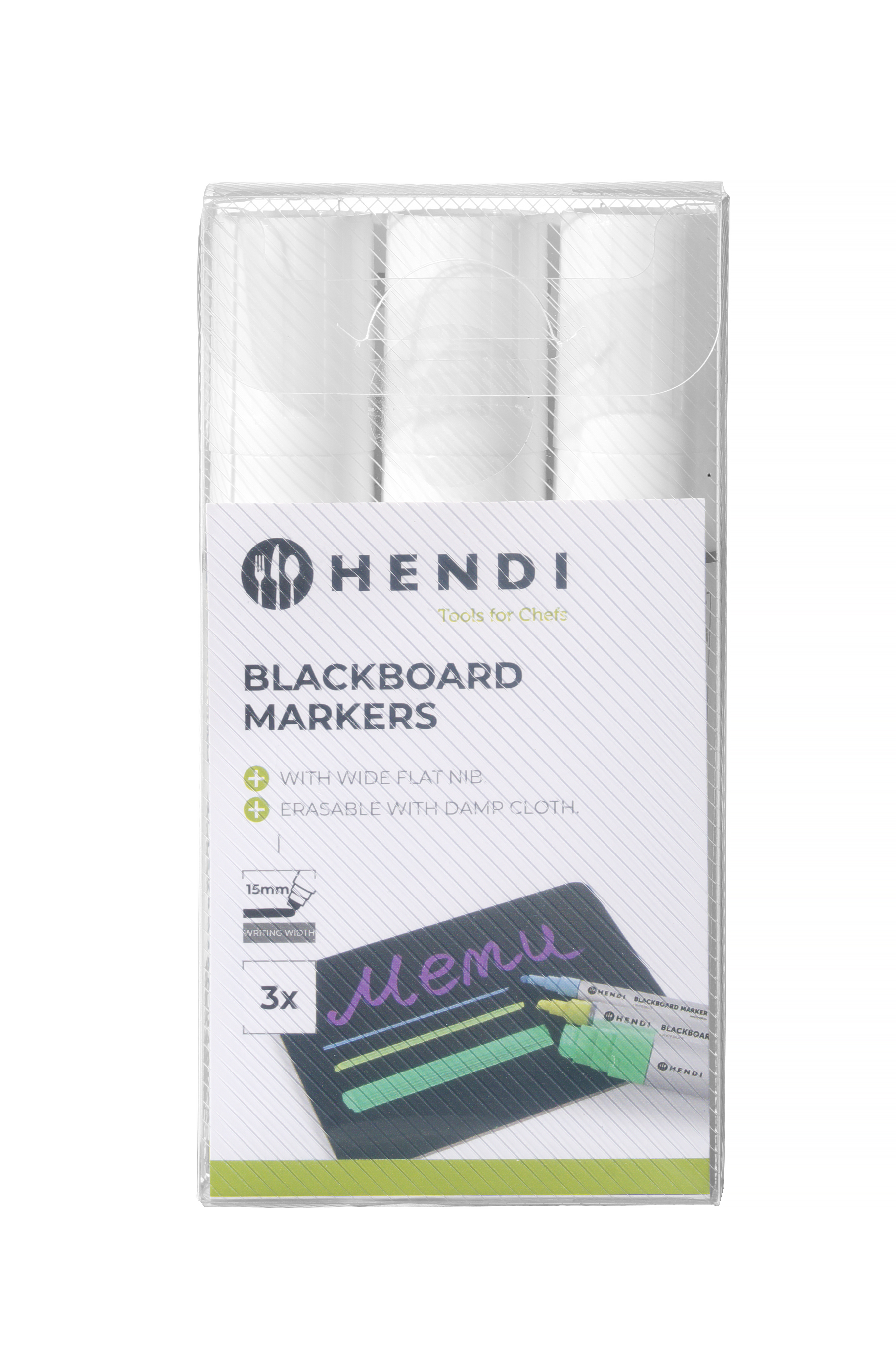 Una scatola di pennarelli per lavagna Hendi. Sfondo bianco. Menù scritto su una piccola lavagna.