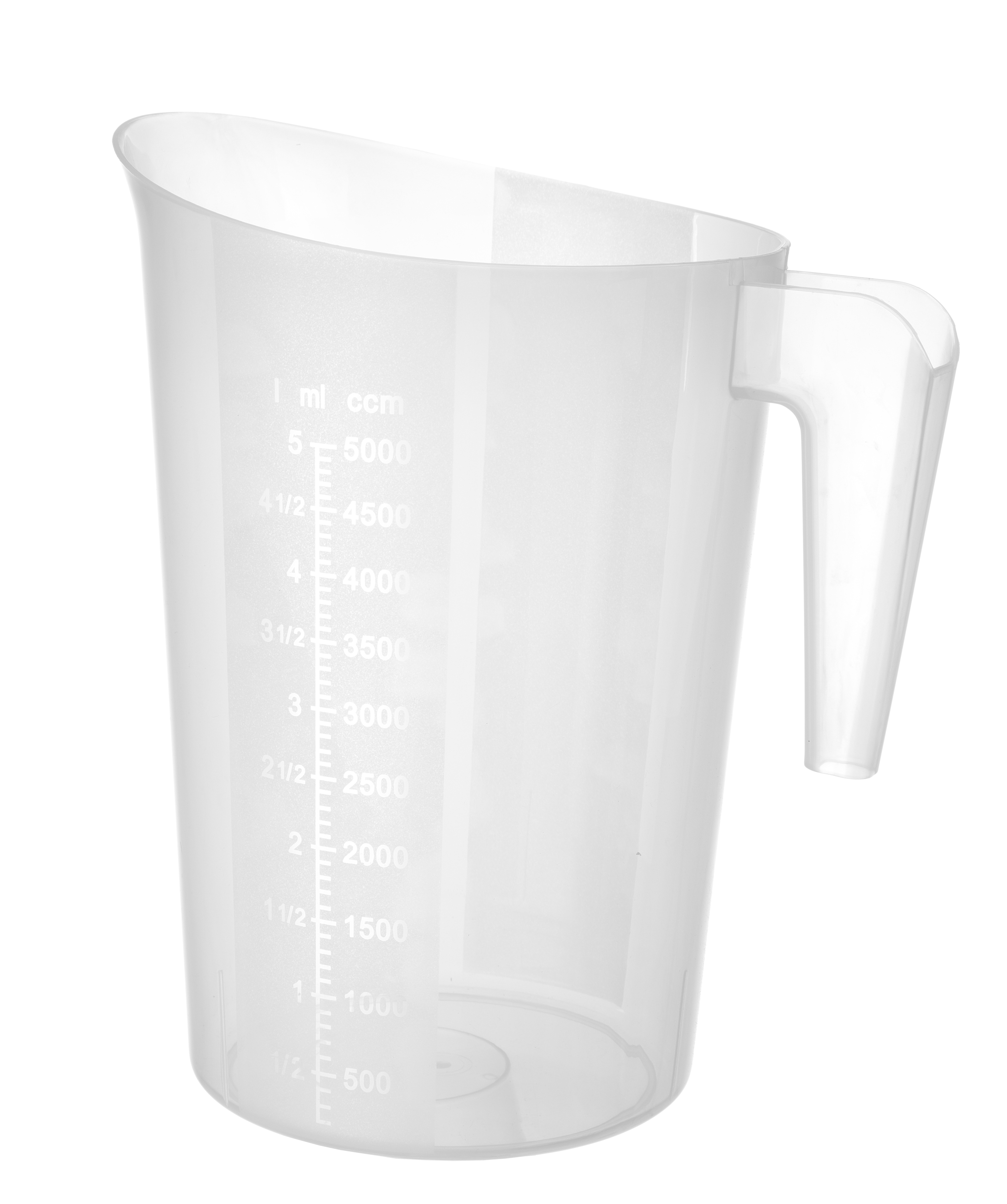Bicchiere dosatore in plastica trasparente con manico, con ml e ccm, su sfondo bianco.