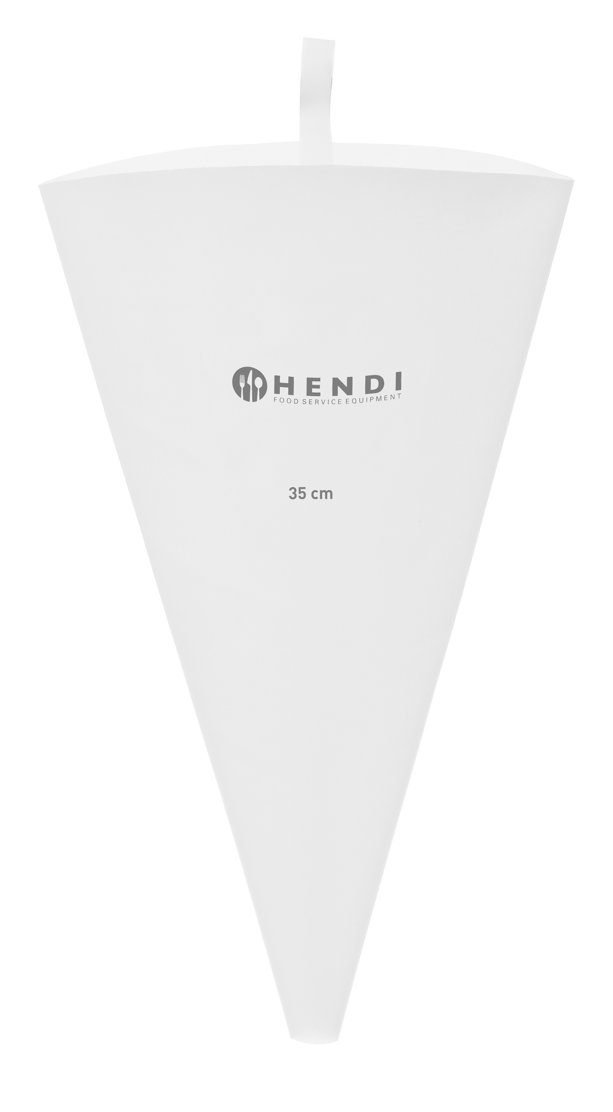 Una sac à poche bianca a forma di cono con testo 'Hendi' su bianco.