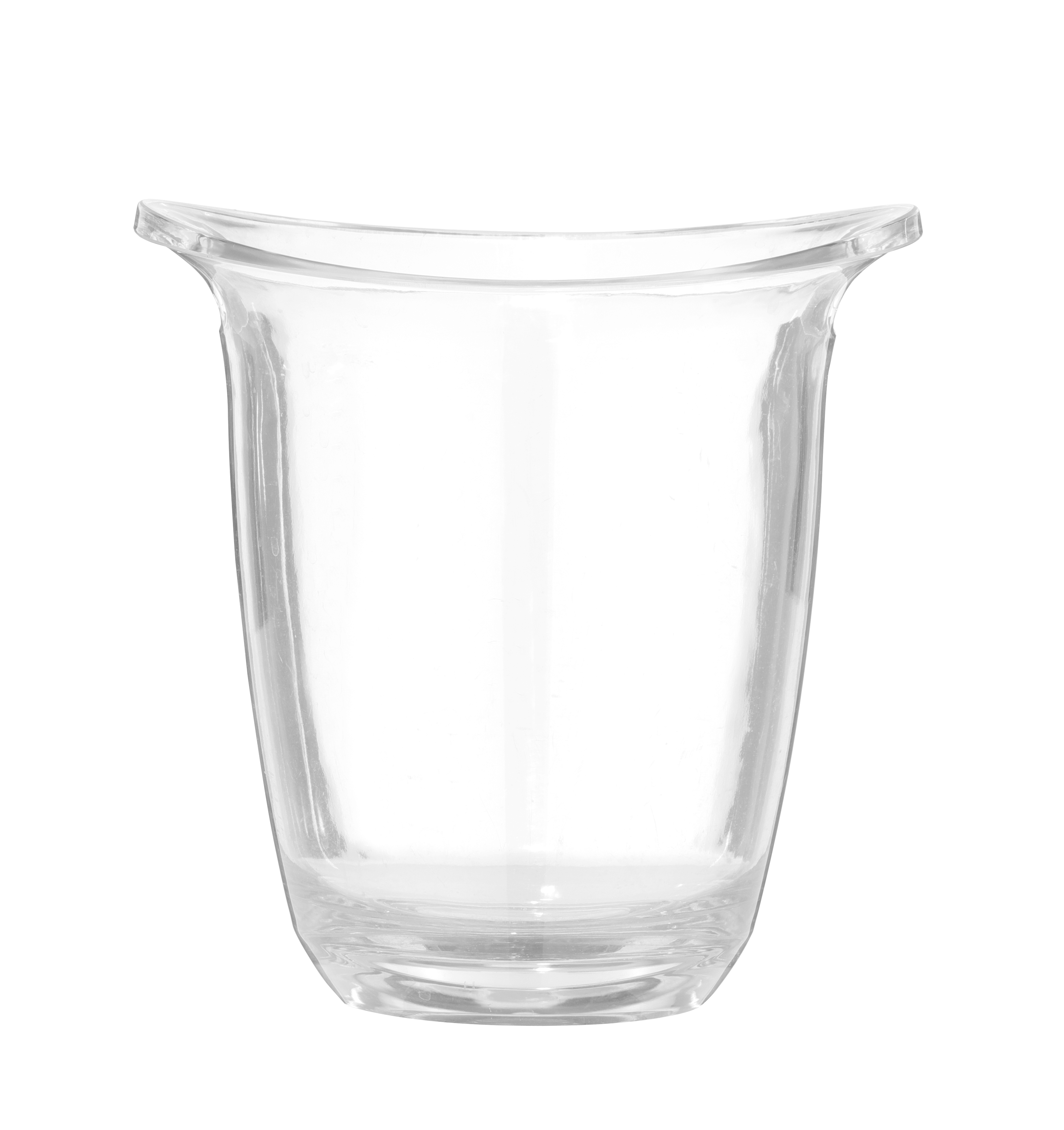 Un vaso di vetro trasparente con la parte superiore curva su bianco.