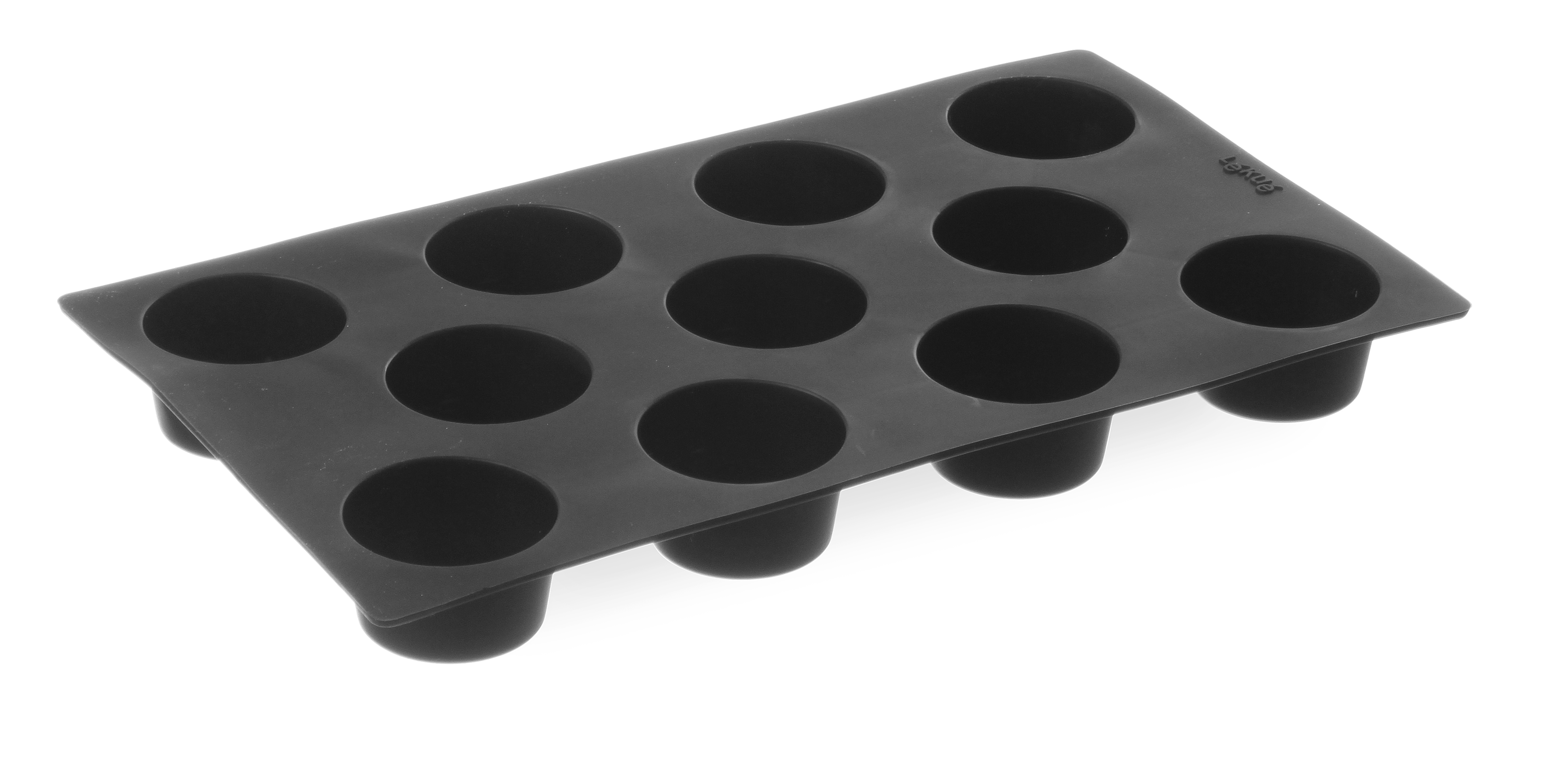 Una teglia per muffin in silicone nero con 12 stampi circolari.