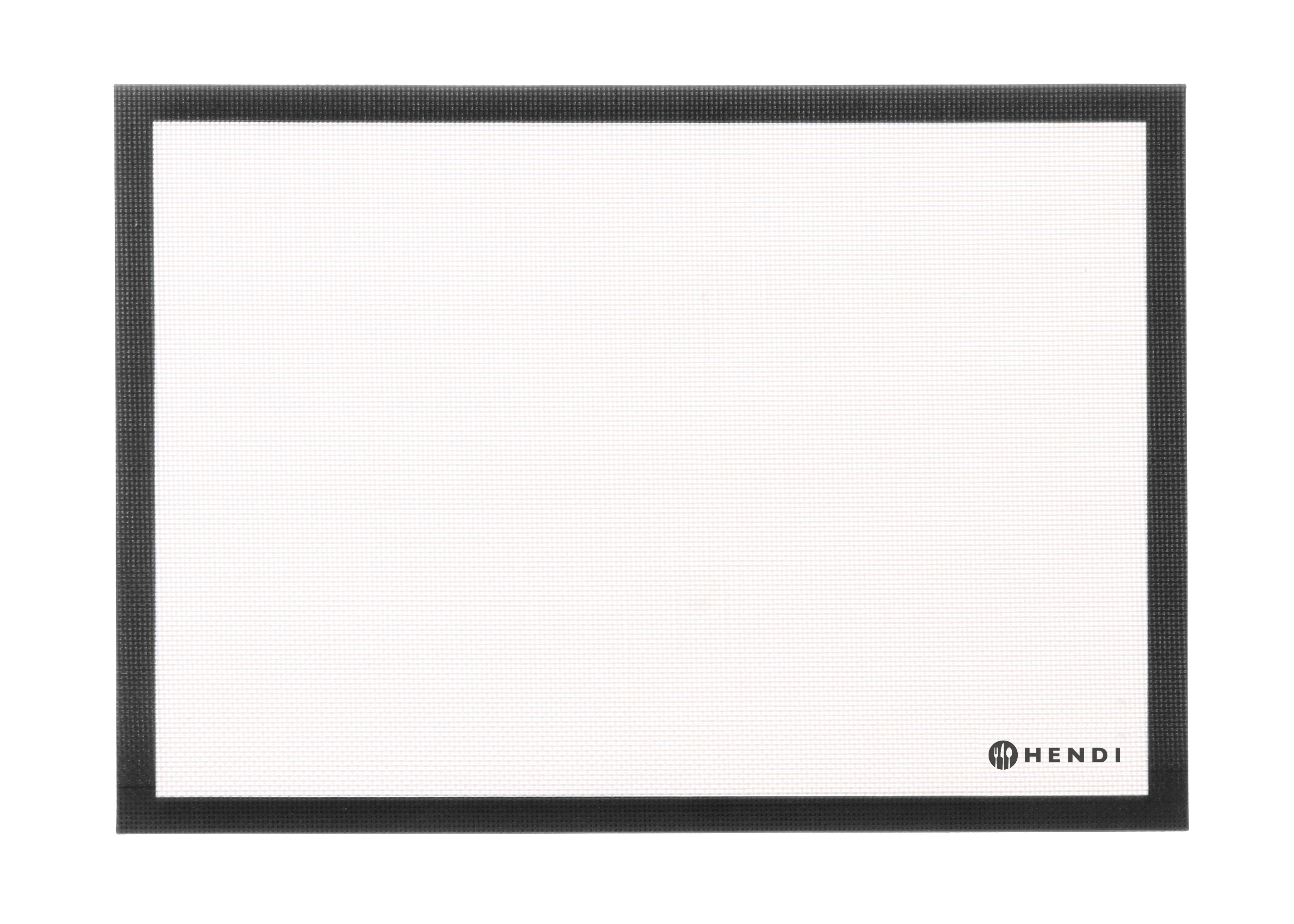 Tappetino da forno rettangolare in silicone con bordo nero e logo, su sfondo bianco.