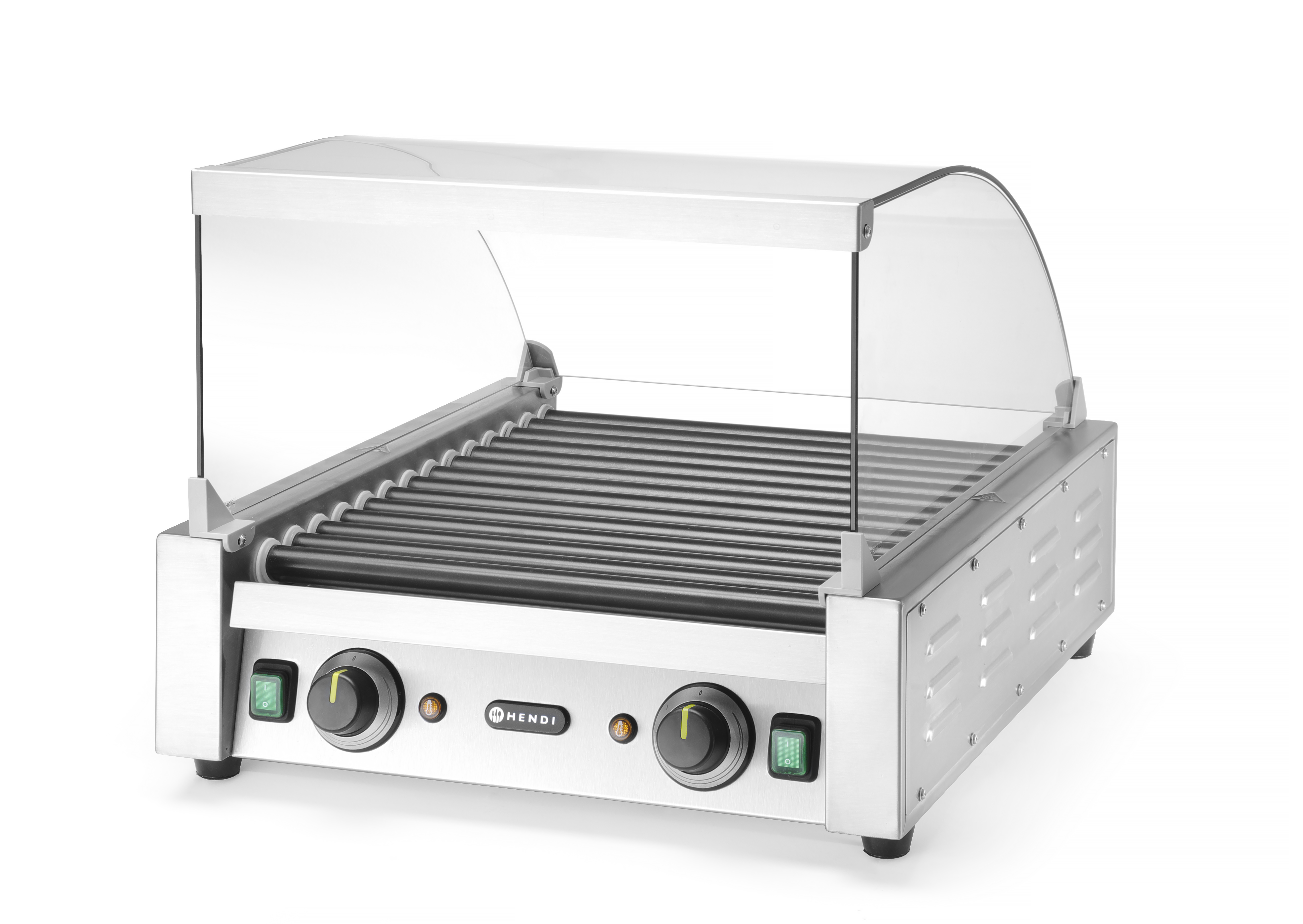 Griglia a rulli per hot dog in acciaio inox con coperchio in vetro, manopole e luci verdi.