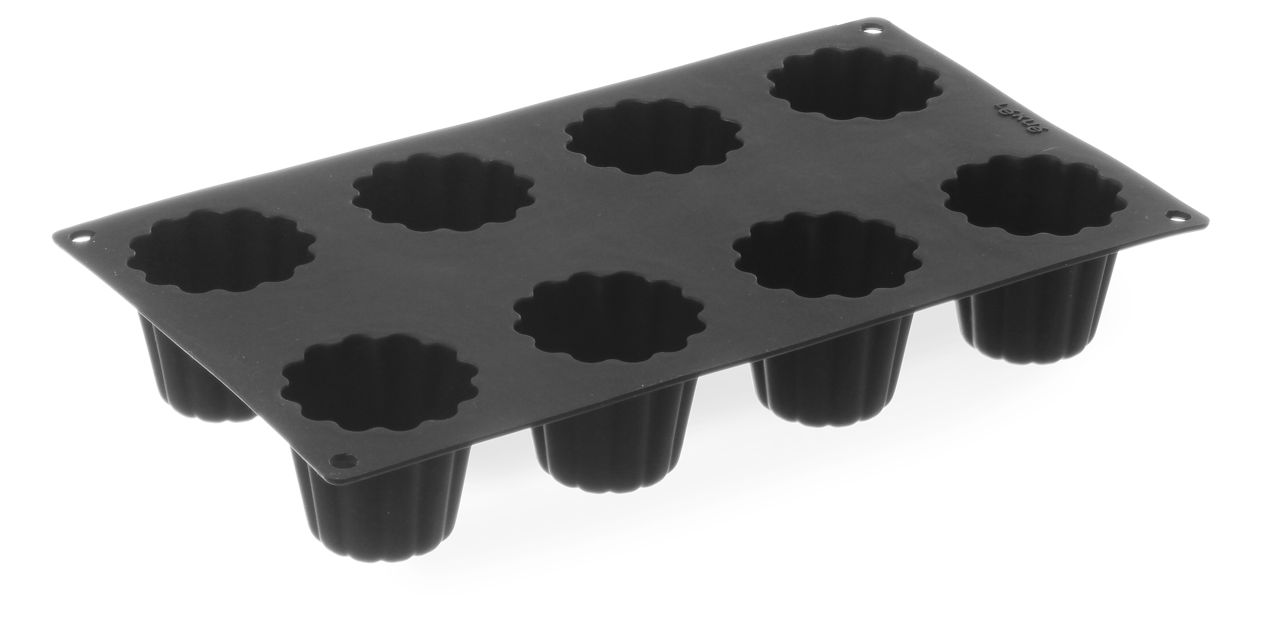 Stampo da forno in silicone nero con otto coppette scanalate su sfondo bianco.