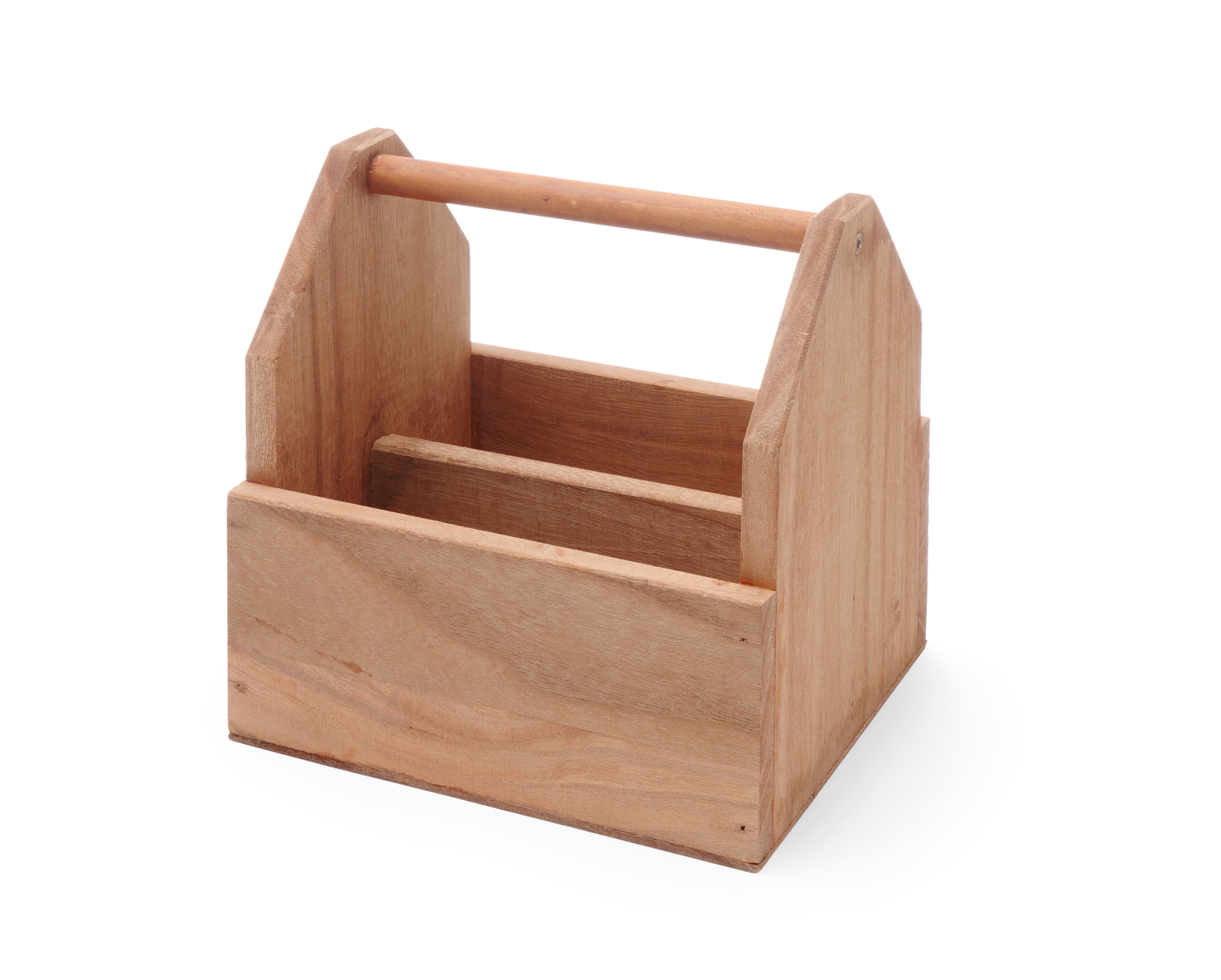 Portautensili in legno con manico e due scomparti interni, su sfondo bianco.