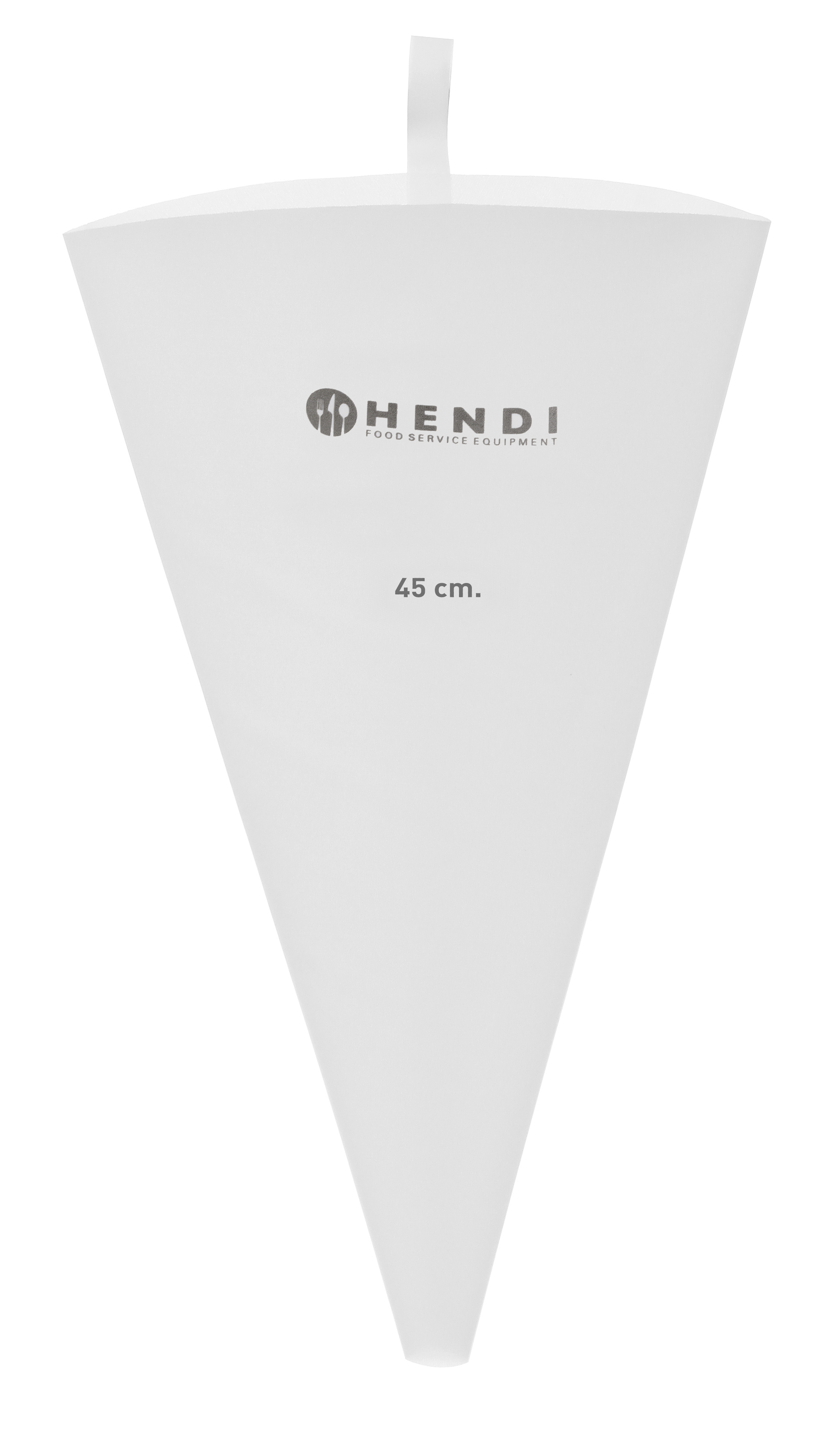Una sac à poche bianca con un'etichetta, la sacca è a forma di cono con il logo Hendi e la scritta "45 cm".