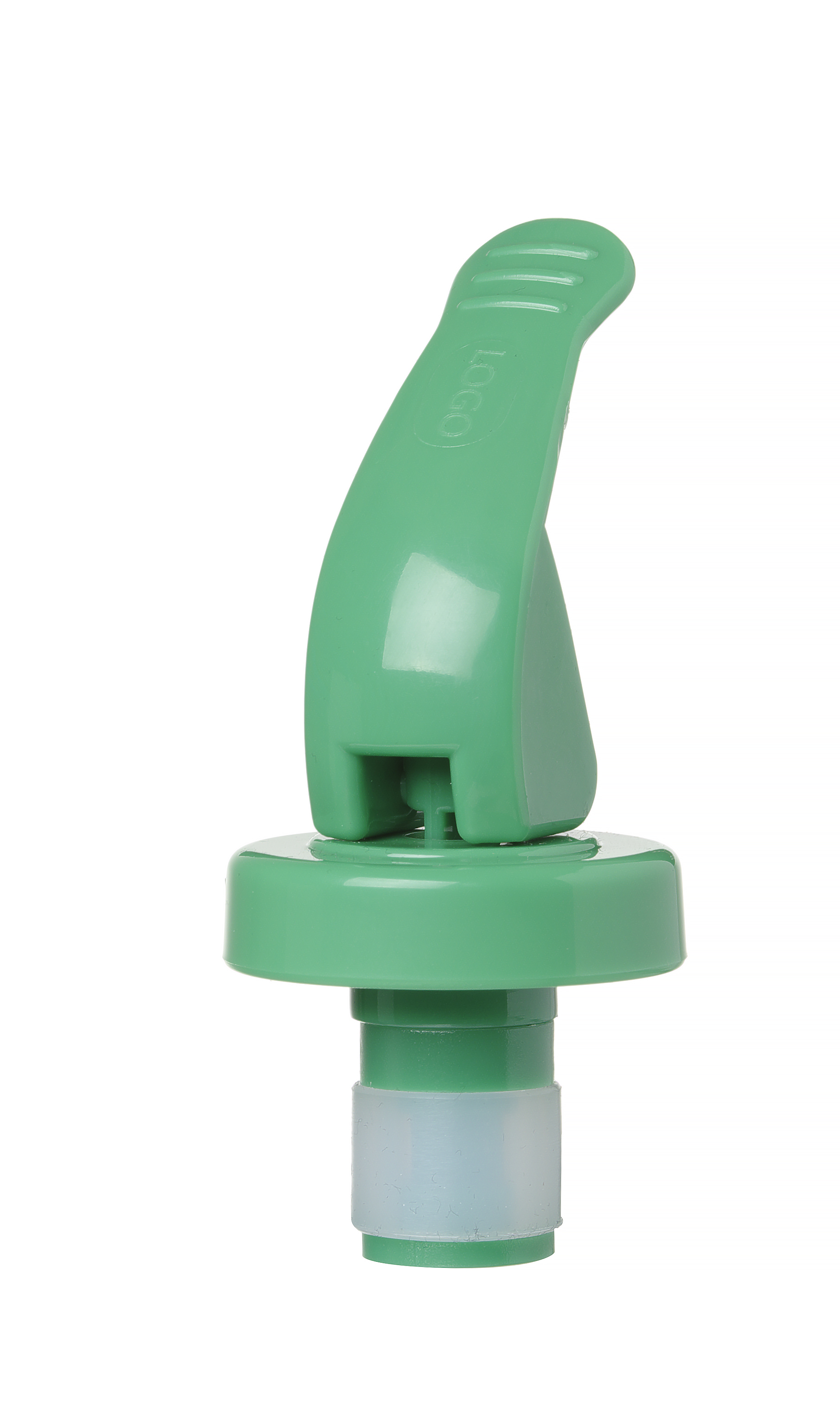 Versatore per bottiglie in plastica verde con anello in plastica bianca, su sfondo bianco.