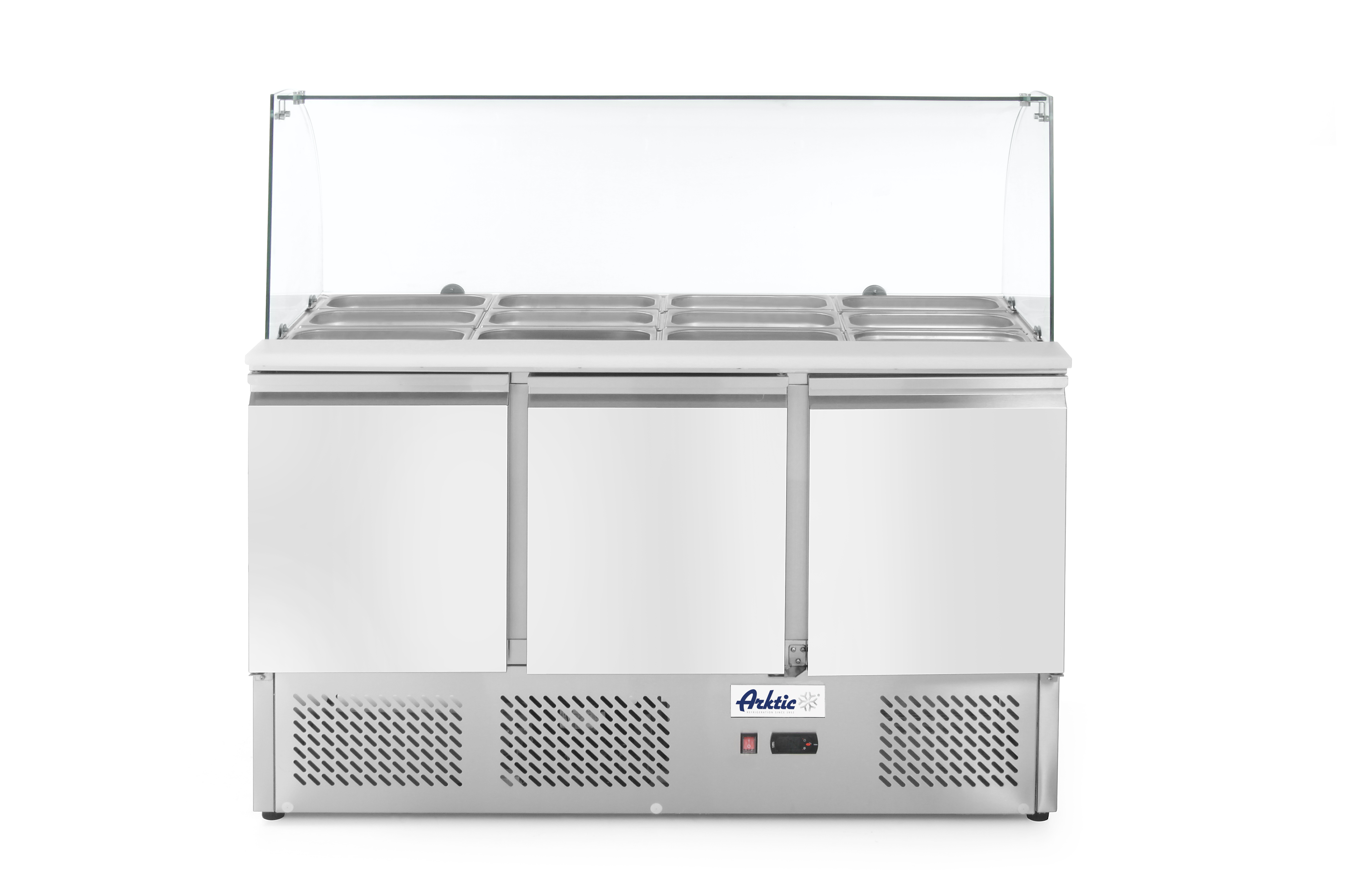Vetrina refrigerata in acciaio inox con piano in vetro e contenitori interni.