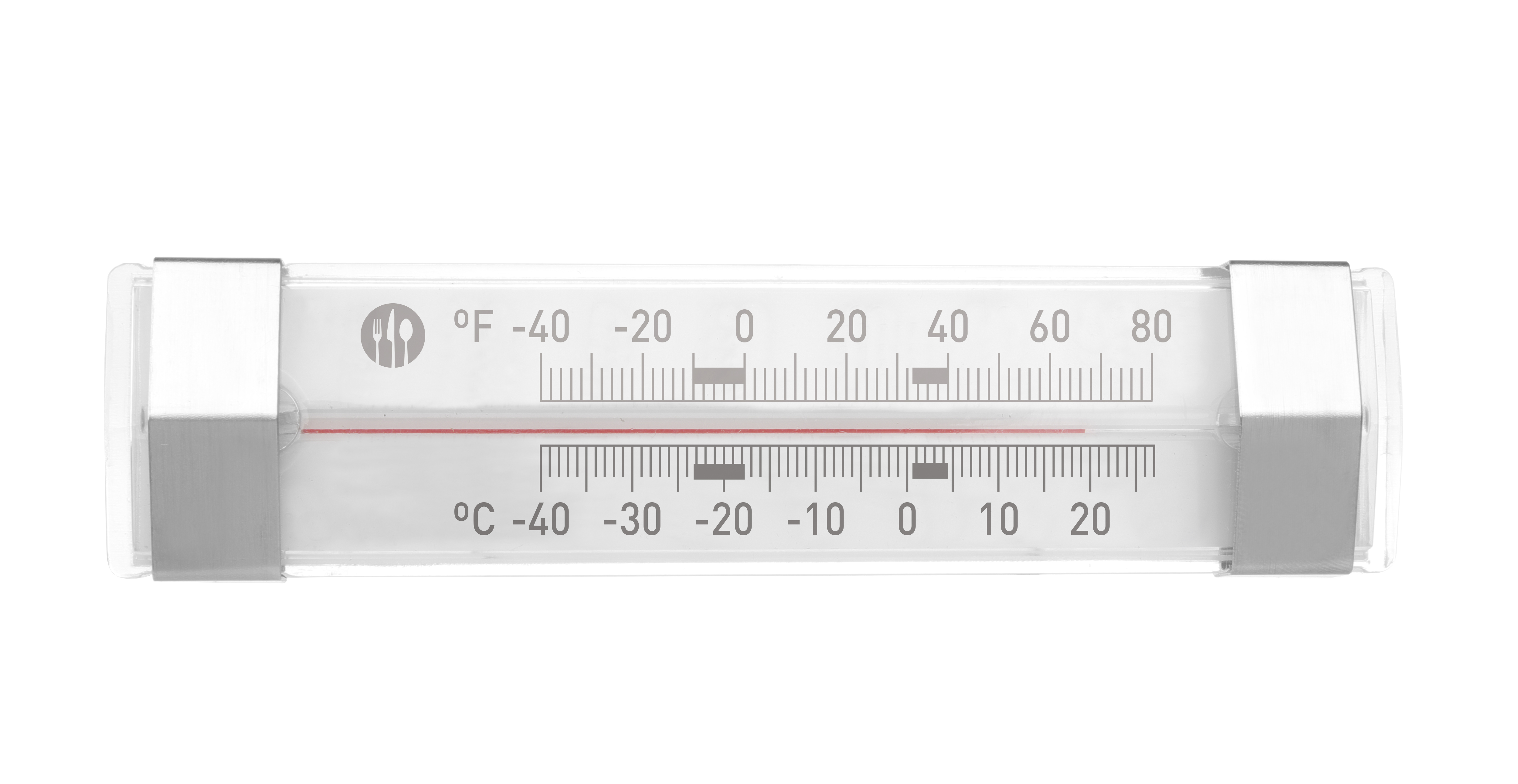 Termometro con scale Fahrenheit e Celsius, lettura intorno ai 20 gradi.