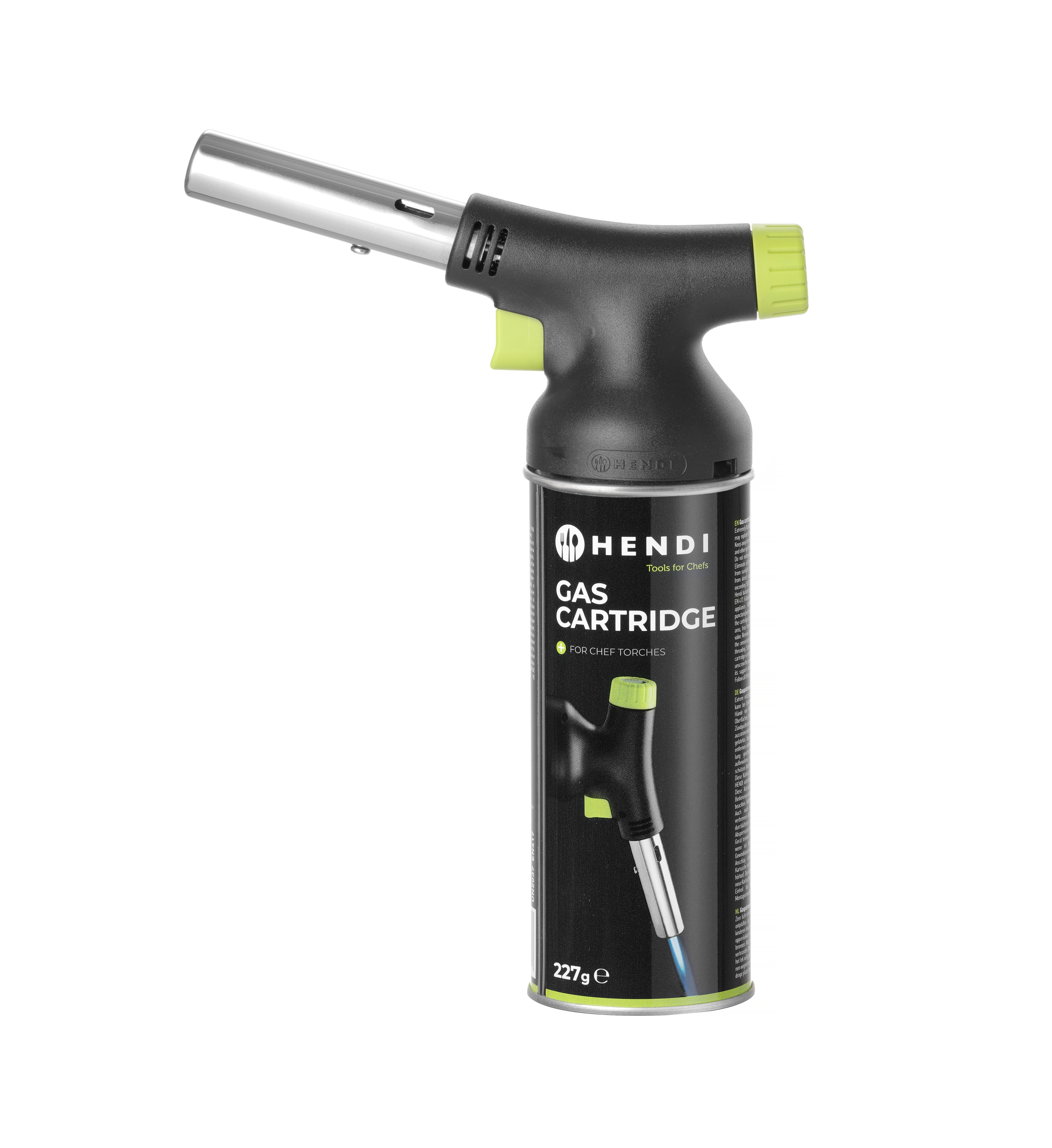 Cartuccia gas nera e argento con pulsante verde. Testo.