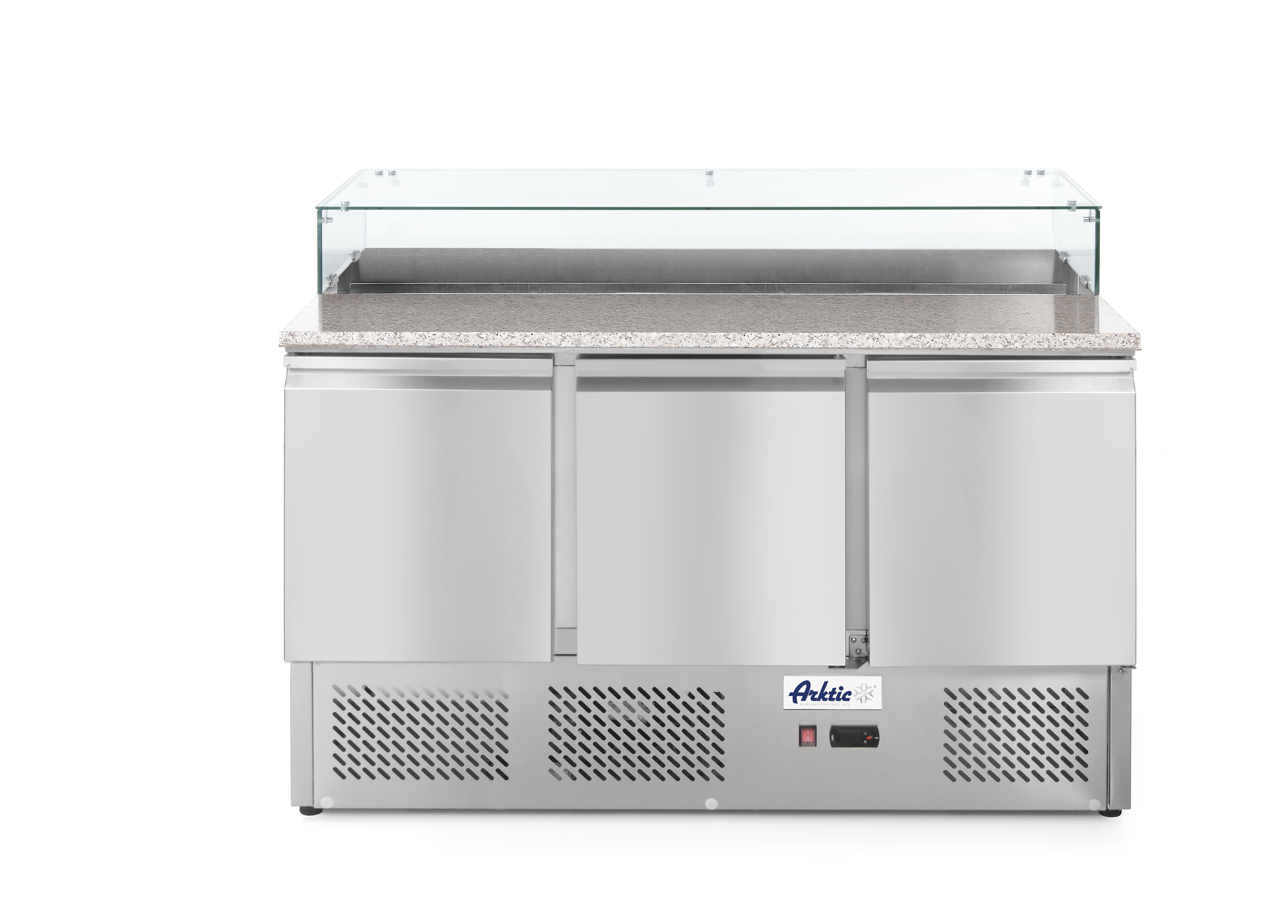 Un'unità di refrigerazione commerciale con tre porte e un piano in vetro.