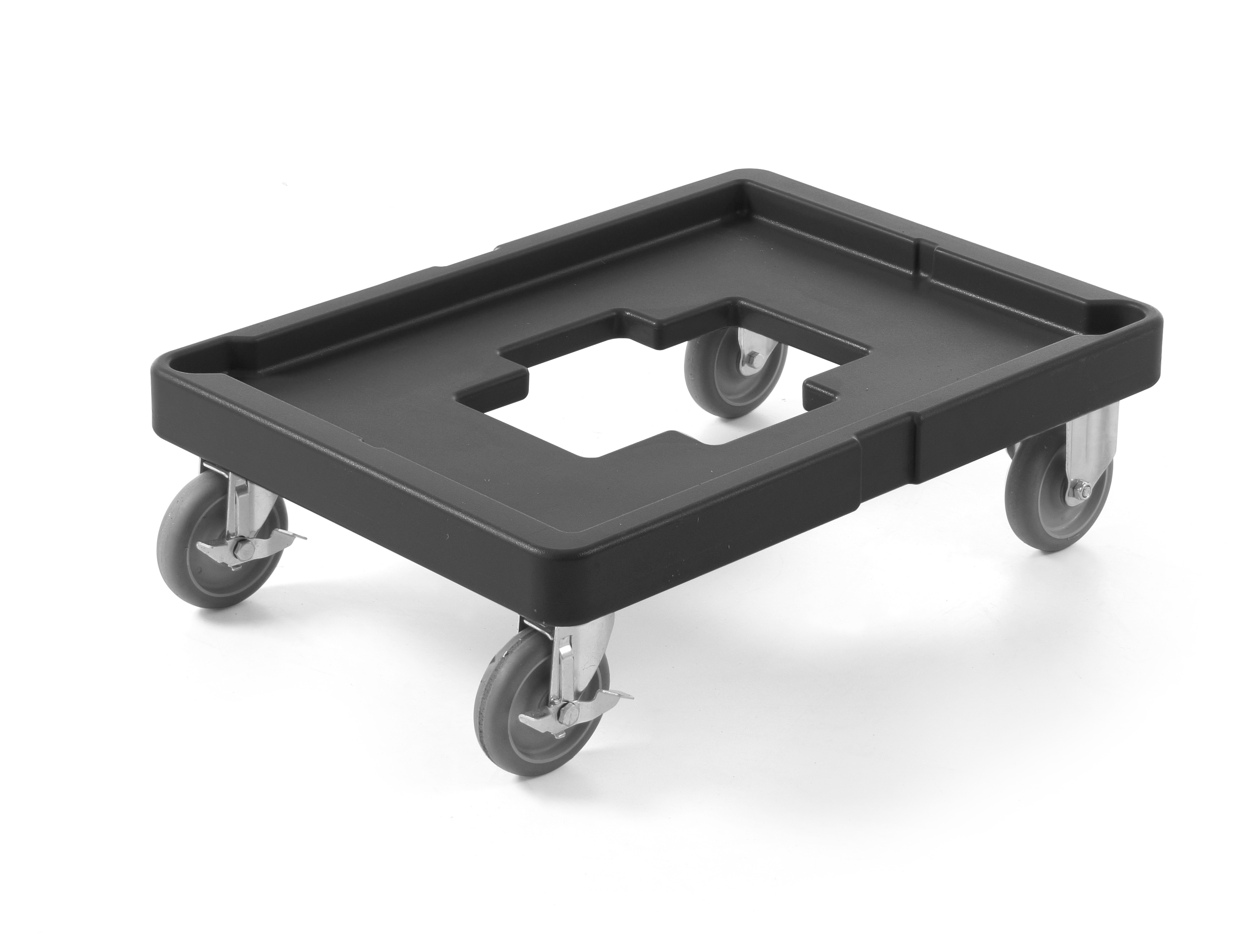 Vassoio di plastica nera con quattro ruote.