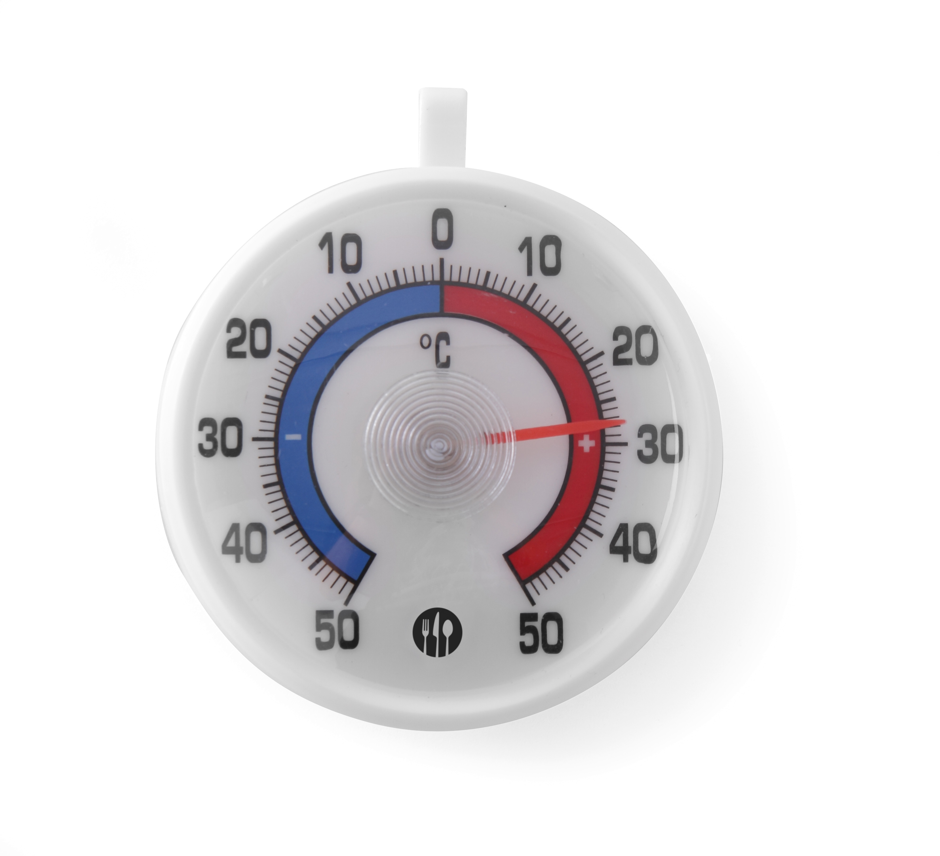 Un termometro rotondo bianco con una scala di temperatura rossa e blu.