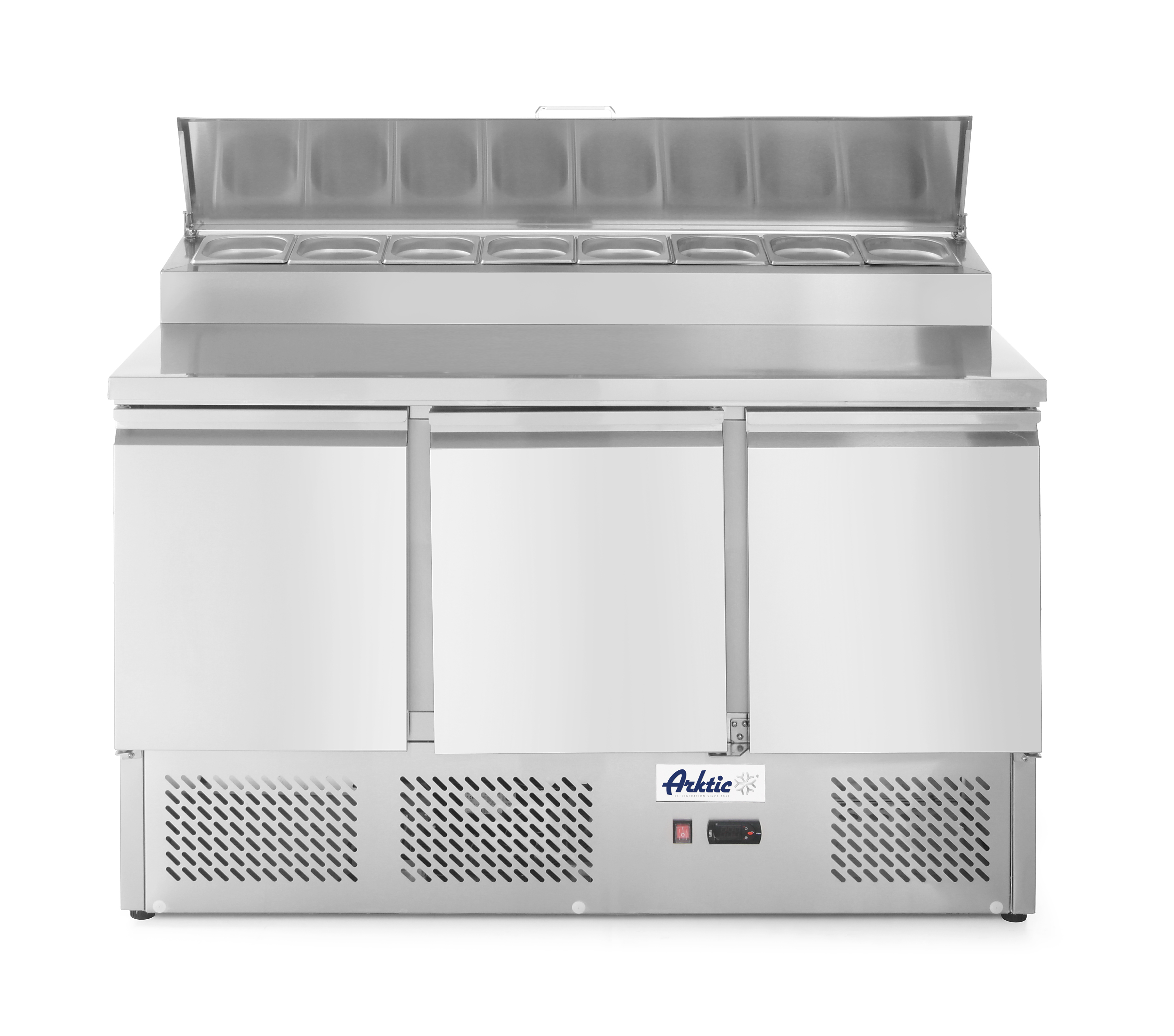 Frigorifero in acciaio inox con porte chiuse, sfondo bianco.