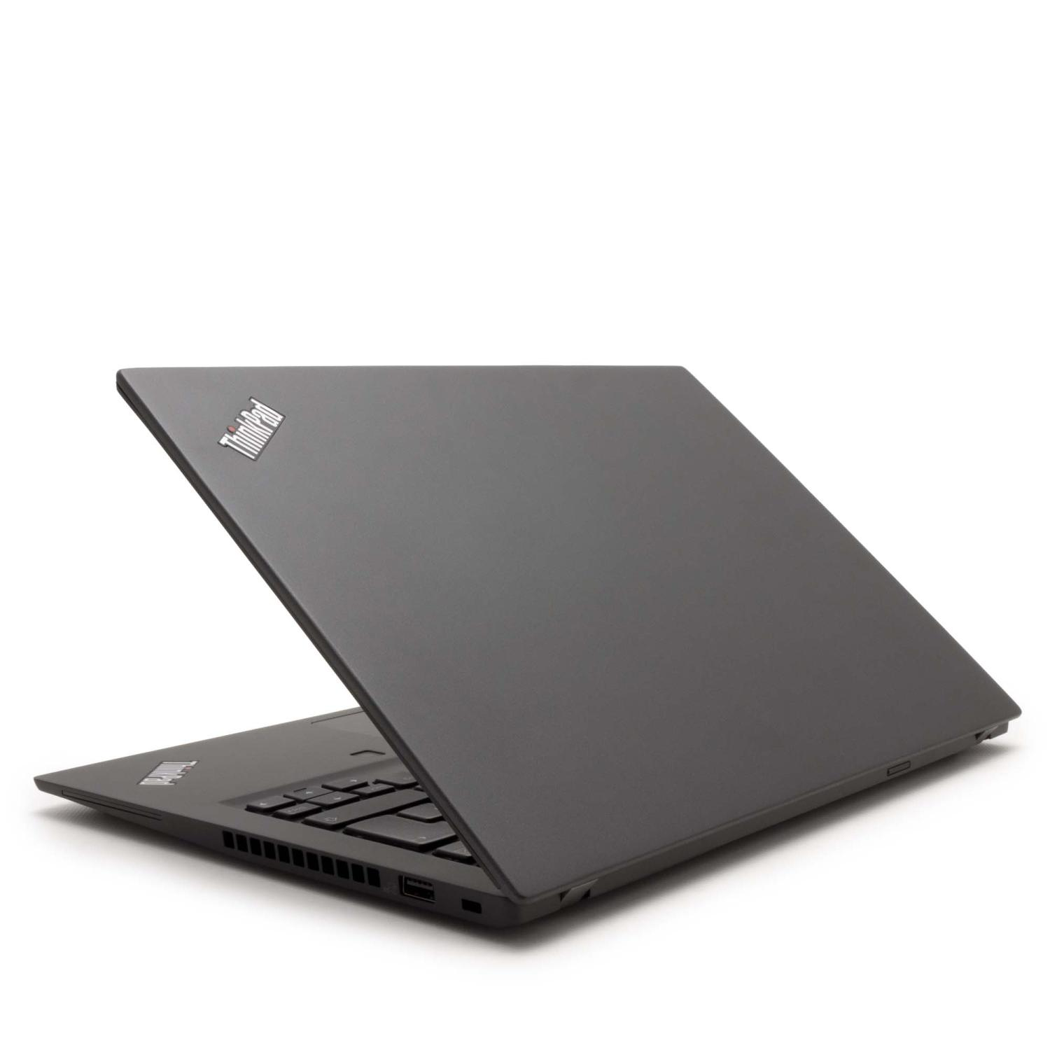 Ein schwarzer Laptop mit ThinkPad-Logo, leicht geöffnet, auf weißem Hintergrund.