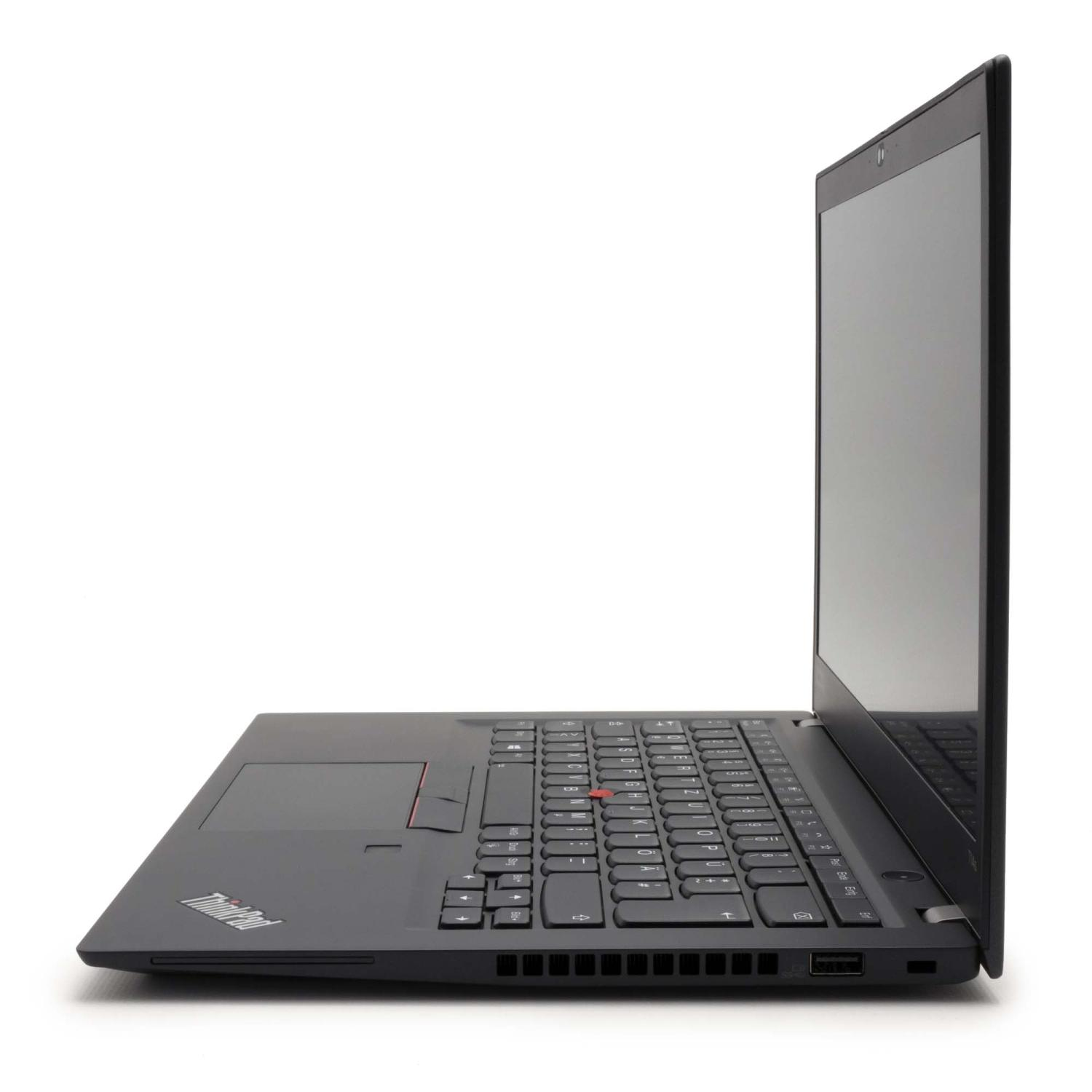 Ein schwarzer Laptop ist von der Seite zu sehen. Der Bildschirm ist geöffnet.