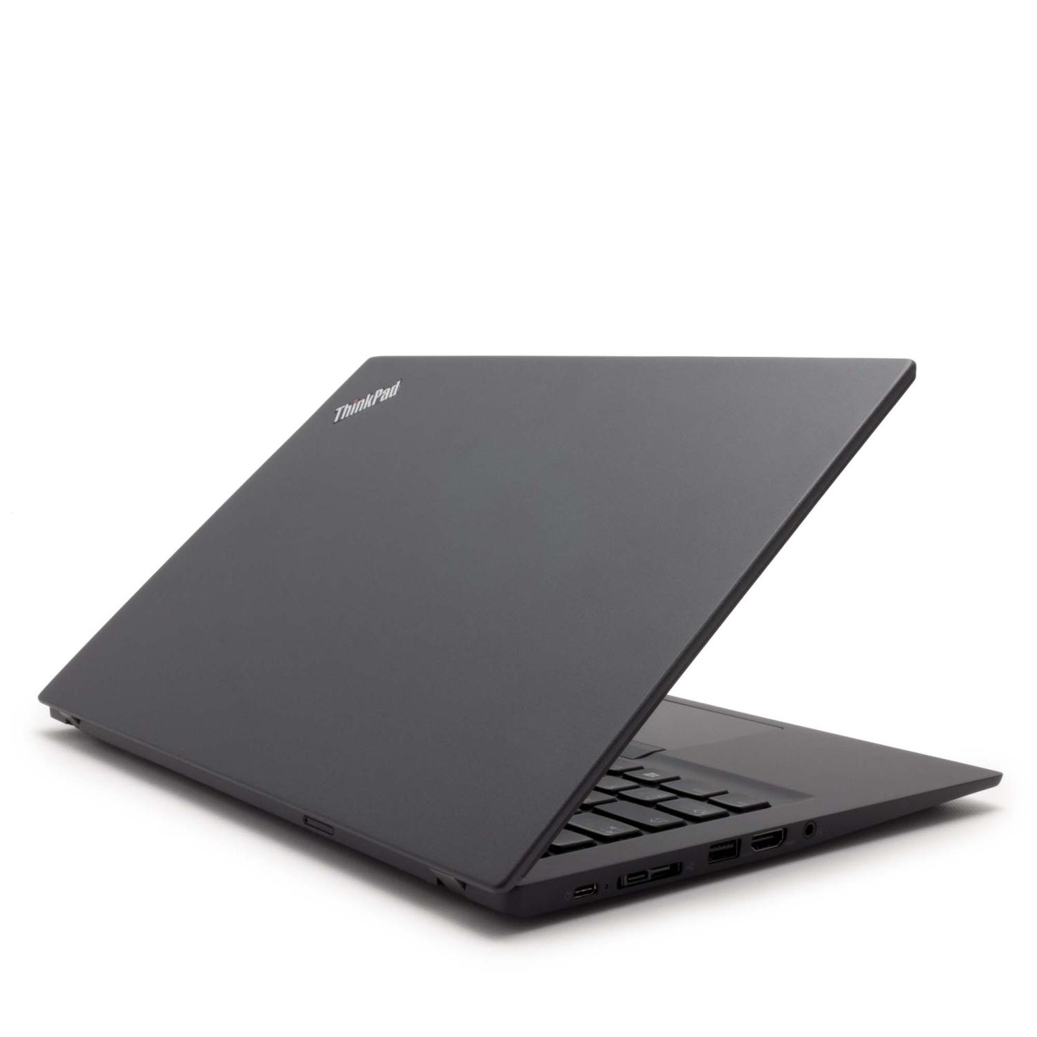 Schwarzer Laptop auf weißem Hintergrund. Der Bildschirm ist geöffnet und nach oben geneigt.