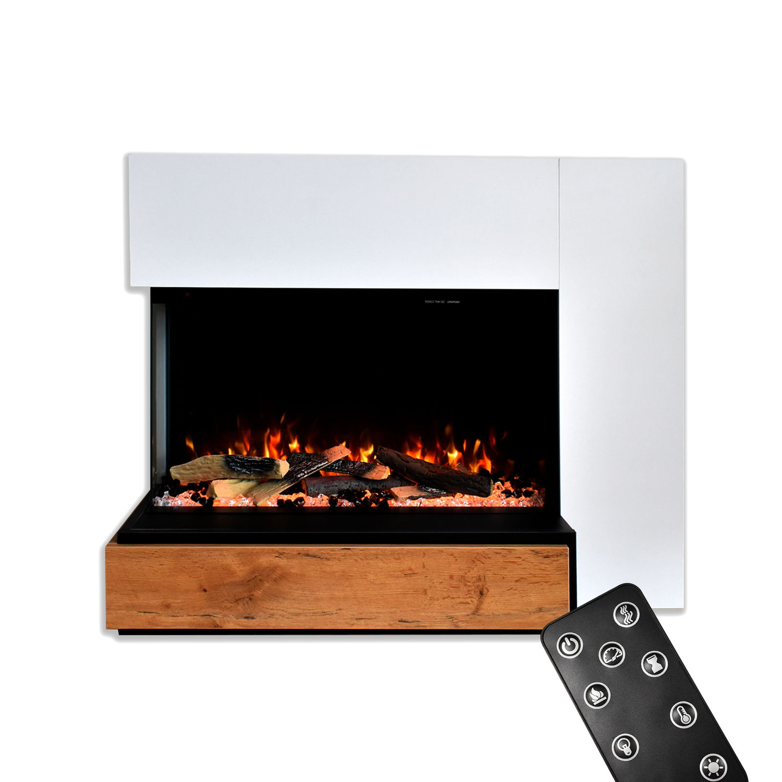 Ein weißer Kamin mit Holzsockel, leuchtenden Flammen und einer Fernbedienung.