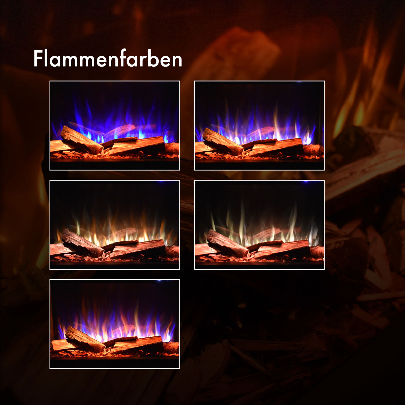 Fünf Bilder, die verschiedene Flammenfarben eines Kamins mit brennenden Holzscheiten zeigen.
