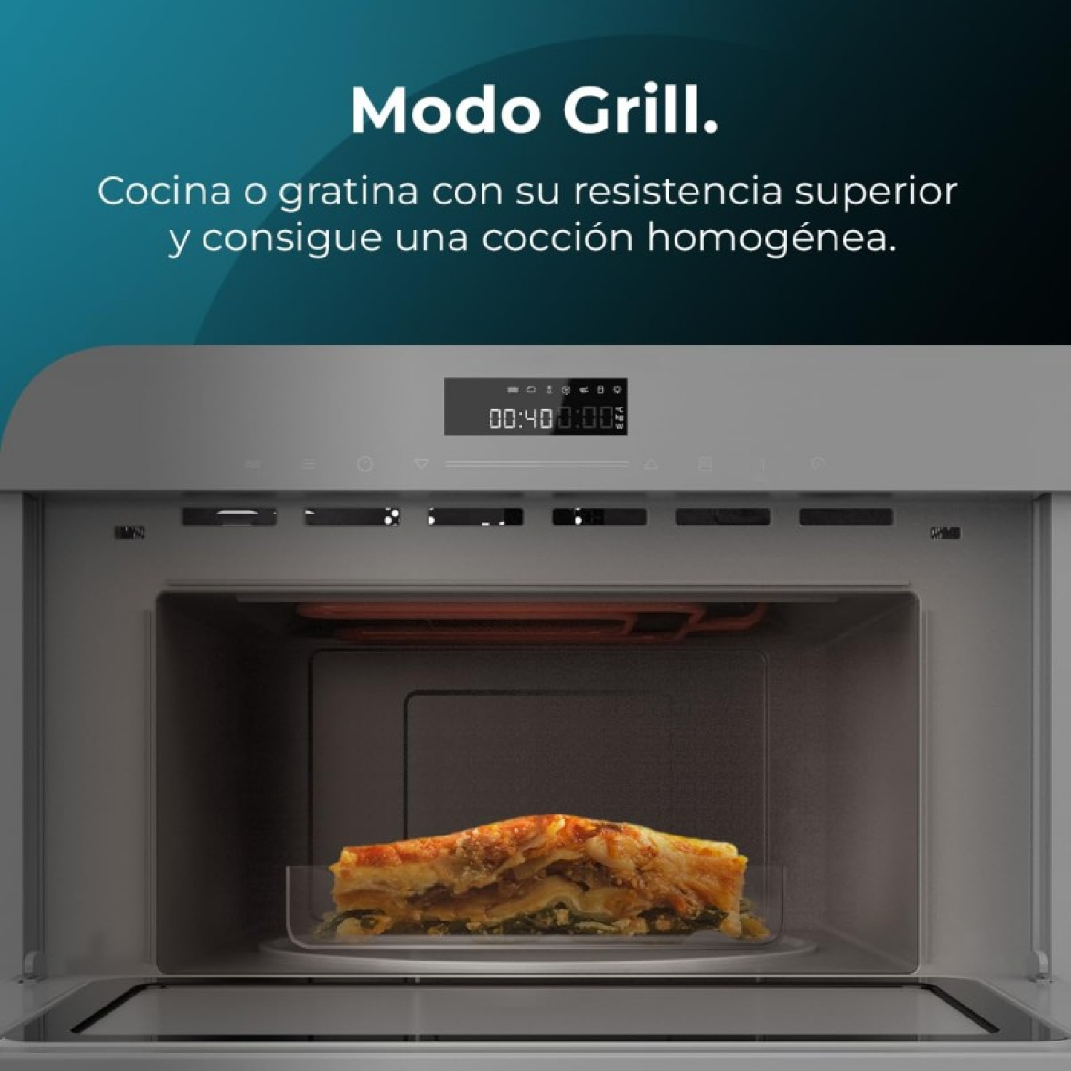 Un horno microondas con comida dentro. La pantalla muestra un temporizador y texto en español.