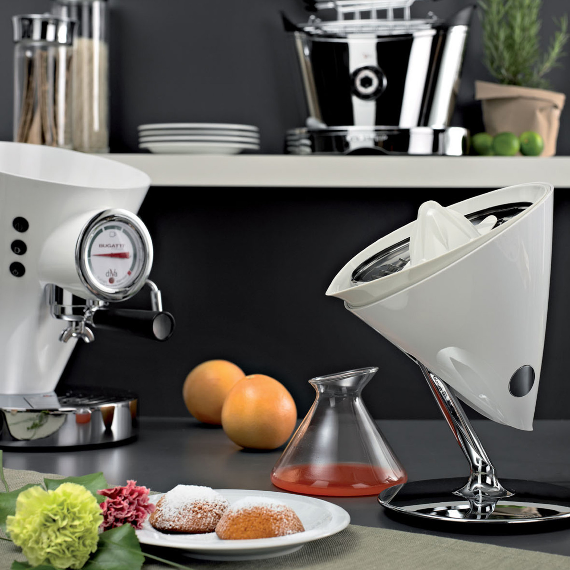 Elettrodomestici da cucina bianchi: macchina per caffè espresso, spremiagrumi, tostapane. Piatti, frutta e una pianta sono visibili sul bancone.