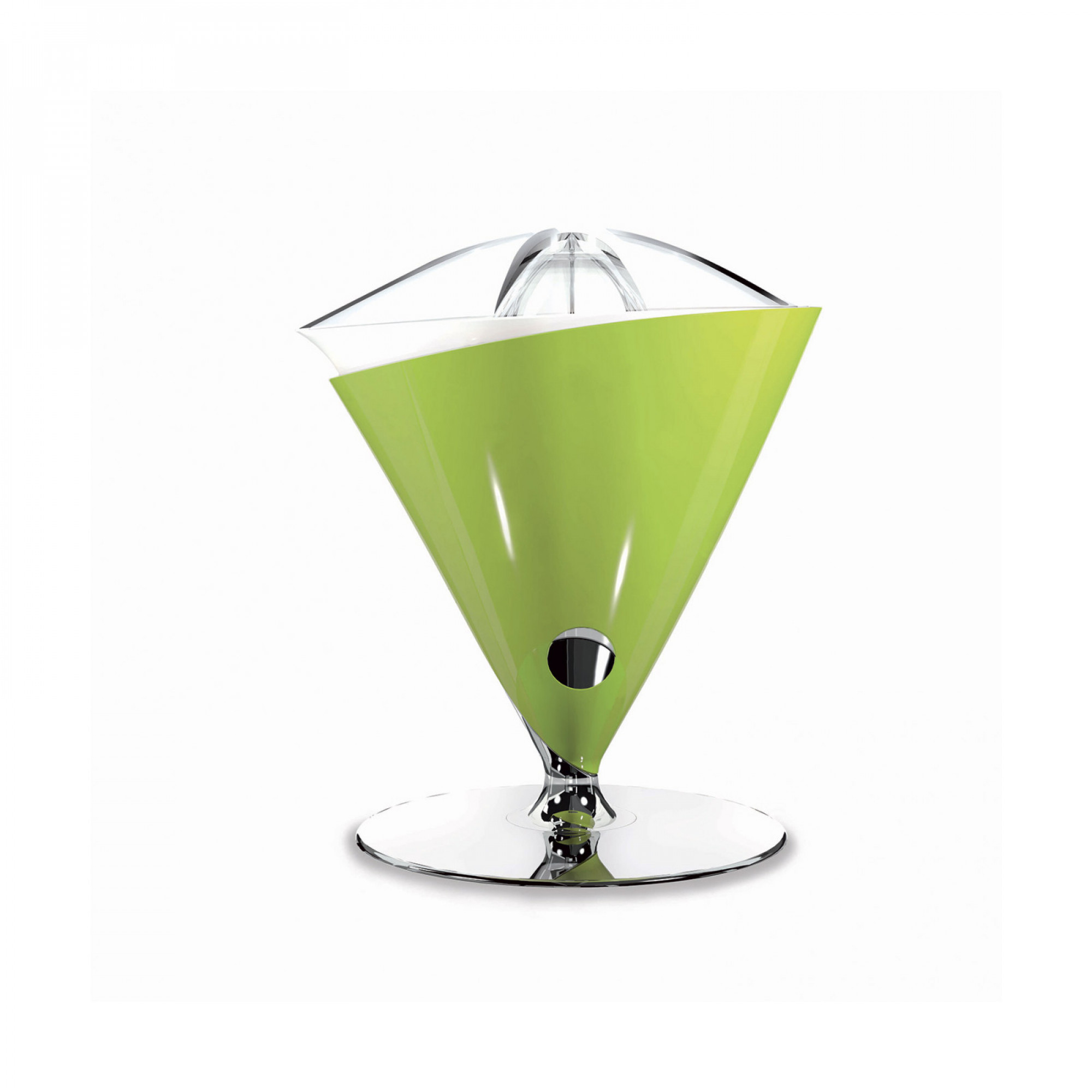 Uno spremiagrumi elettrico verde e bianco su sfondo bianco.