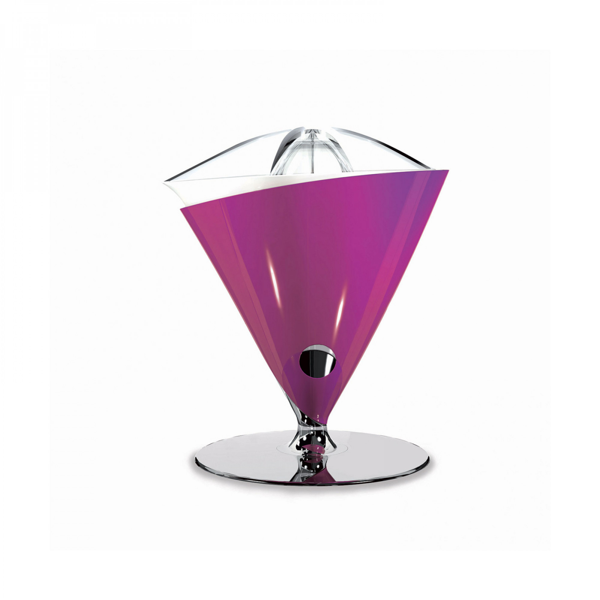 Uno spremiagrumi viola con base cromata e parte superiore trasparente, su sfondo bianco. Ha un design unico.