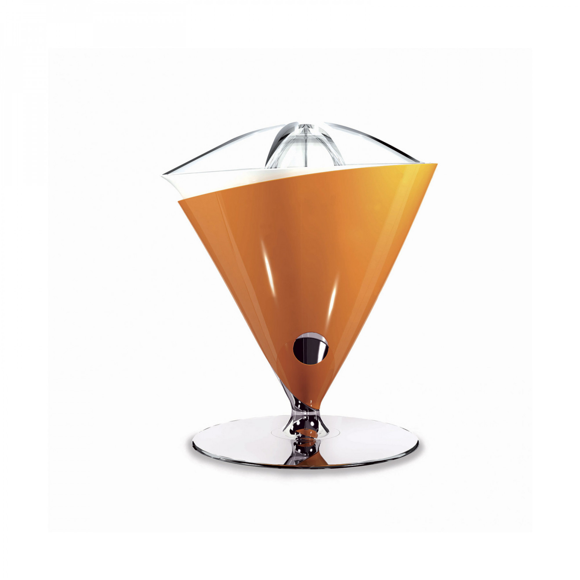 Centrifuga arancione con coperchio trasparente, base cromata.