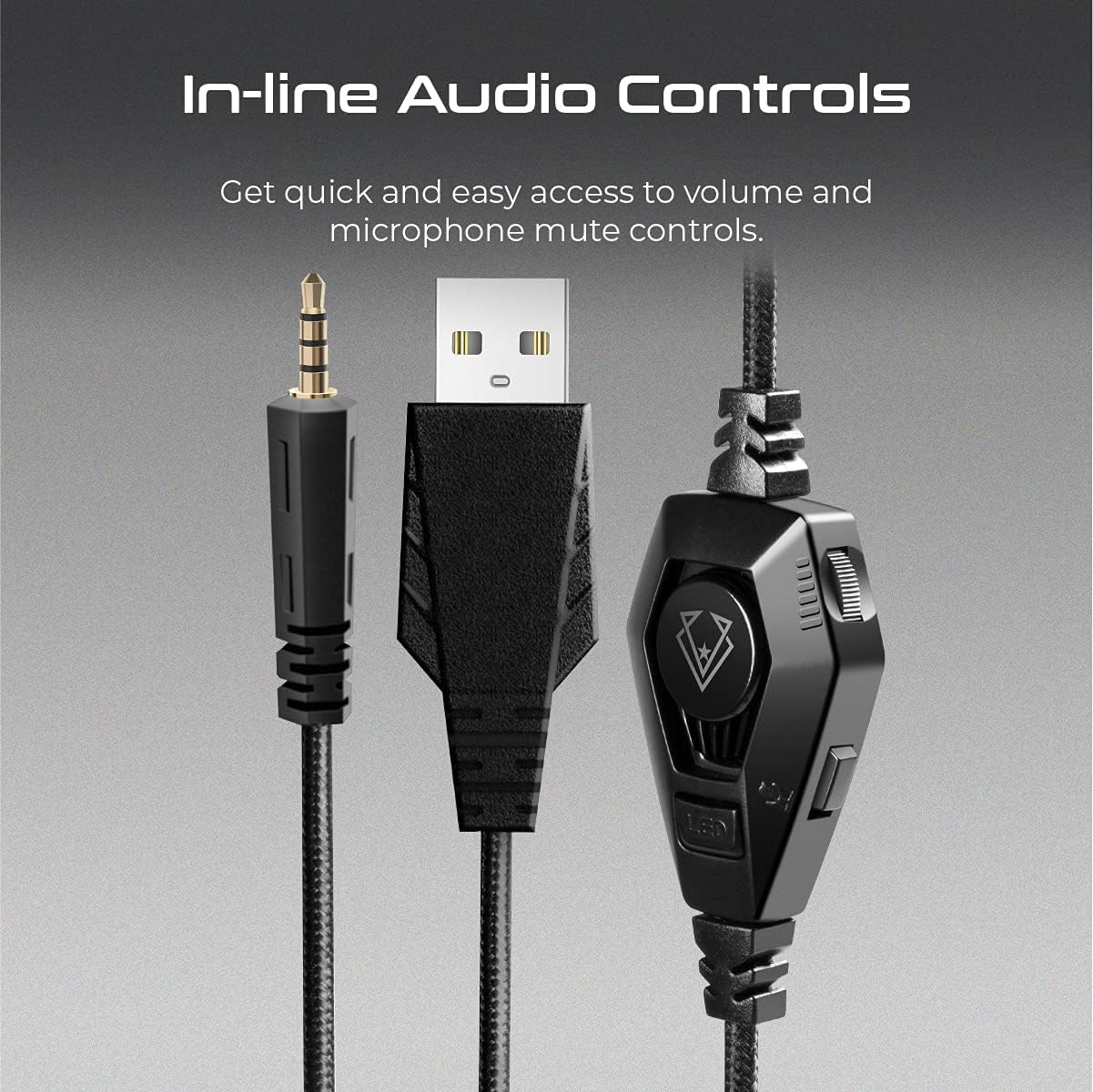 Primer plano de cables de audio: un conector dorado, un USB y una unidad de control, todo negro.