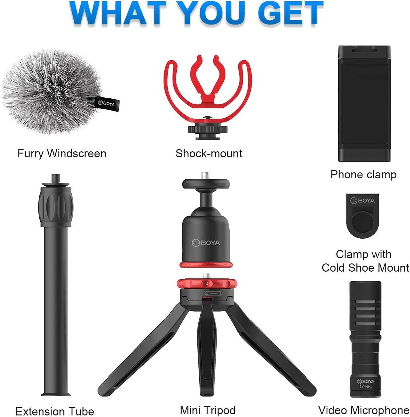 Un kit con parabrezza peloso, ammortizzatore, mini treppiede e altro.