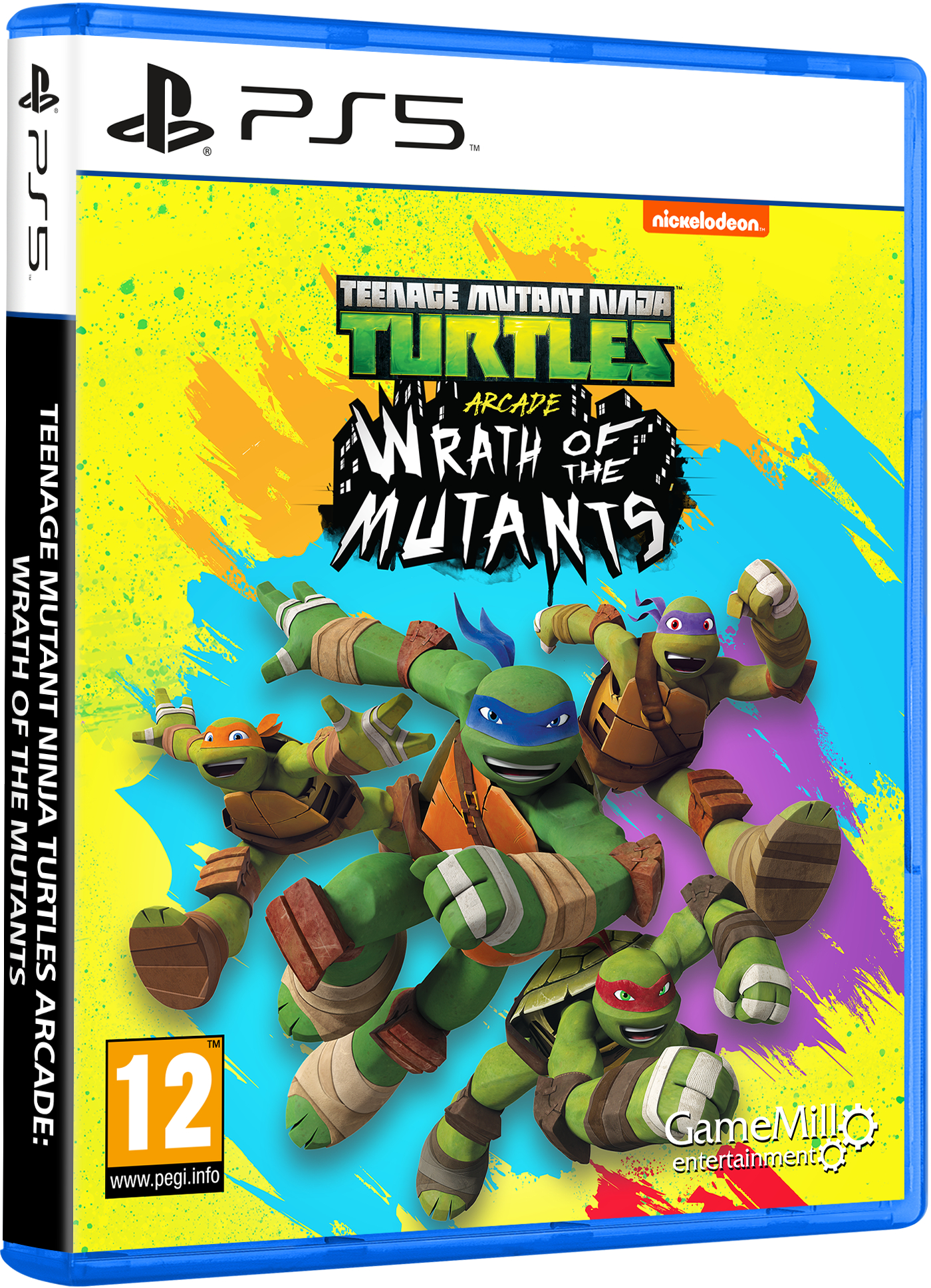 Pudełko z grą Teenage Mutant Ninja Turtles na PS5, żywa grafika żółwi.