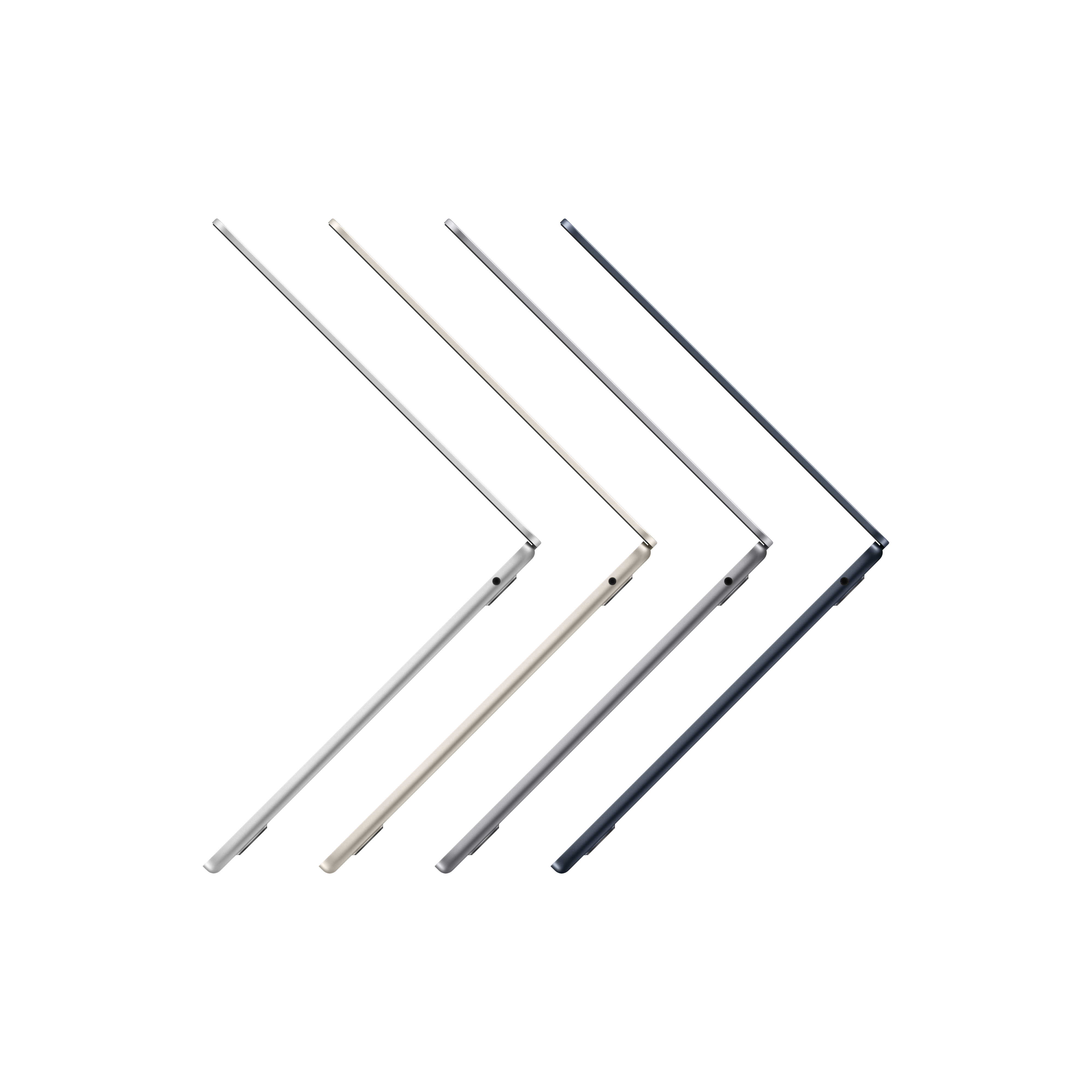 Cztery laptopy w rzędzie, pod kątem. Biały, beżowy, szary i ciemnoszary.