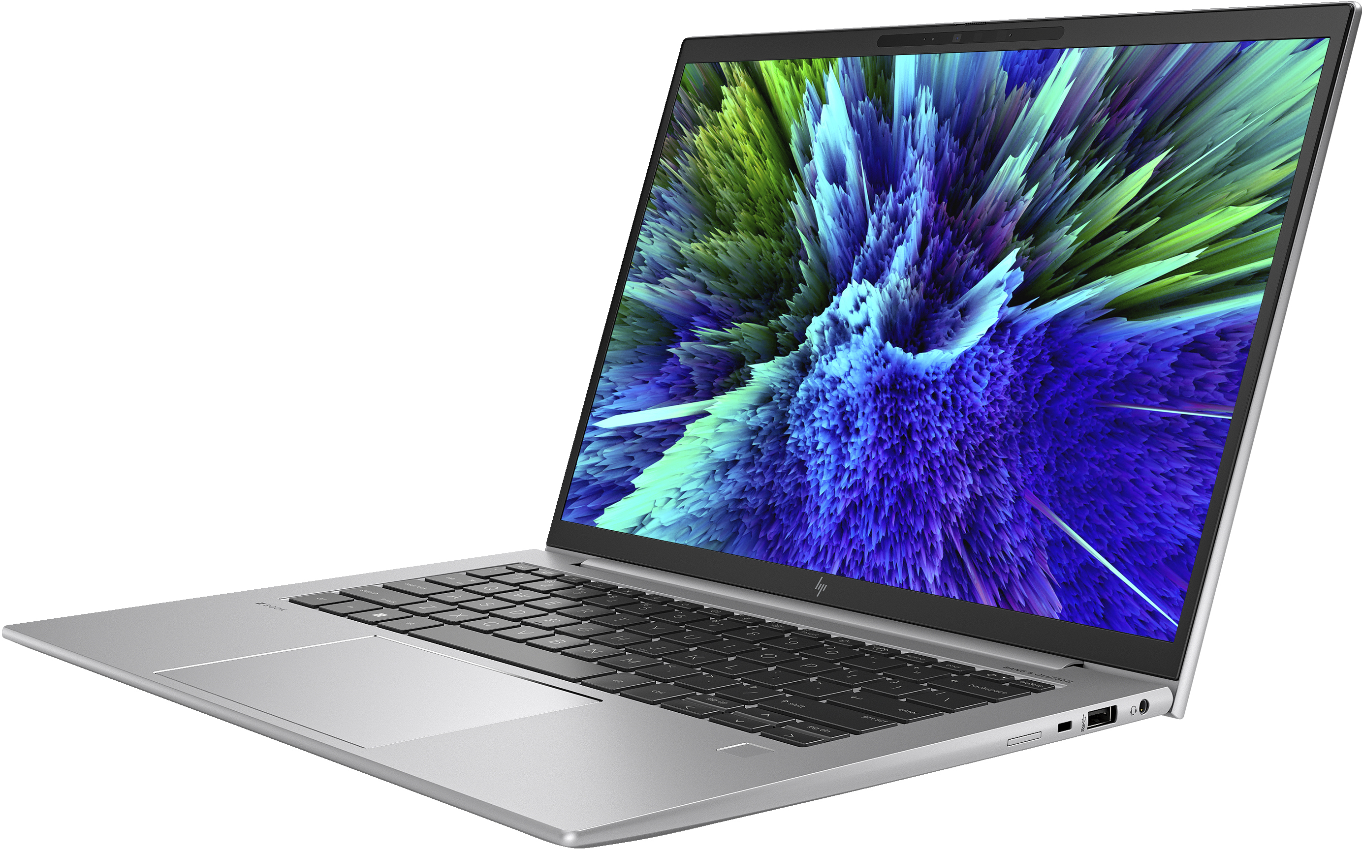 Zilveren laptop met een scherm met kleurrijke afbeeldingen. Het toetsenbord is zichtbaar.
