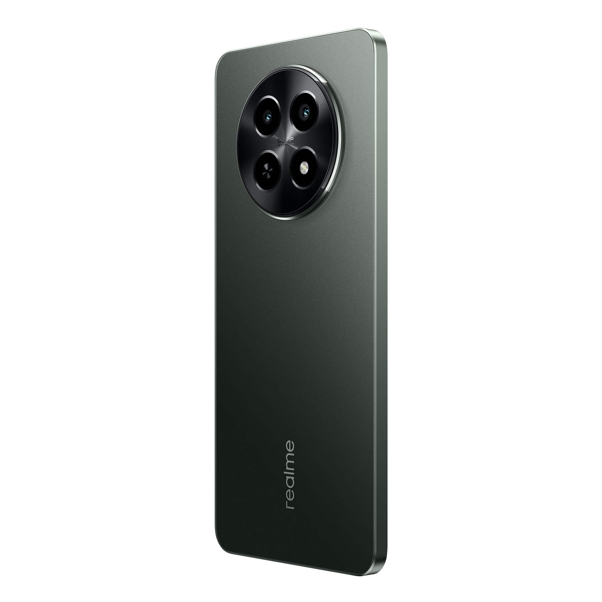 Un teléfono inteligente verde oscuro, mostrando la parte trasera. Tiene varias cámaras y el logo de Realme.