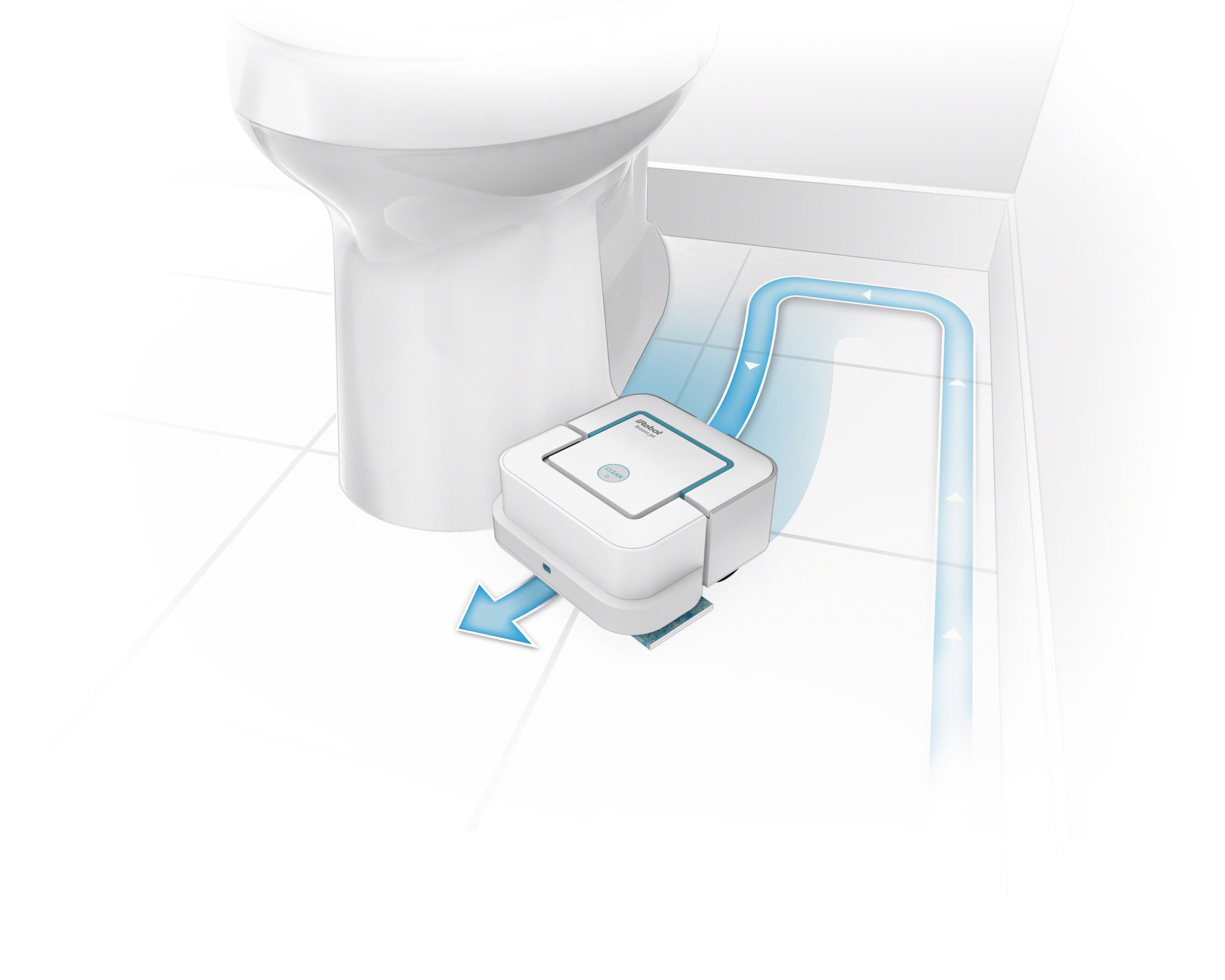 Ein weißer Roboter-Staubsauger in der Nähe einer Toilette, mit Wasserflusslinien auf dem Boden.