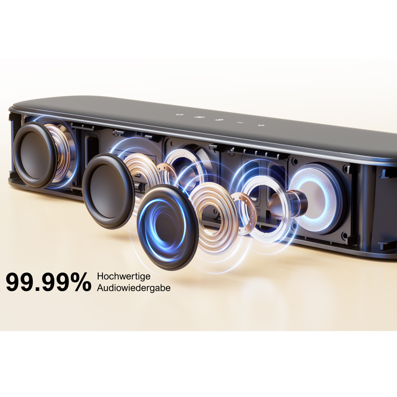 Schwarze Soundbar mit mehreren Lautsprechern. Text: 99,99% hochwertige Audiowiedergabe.