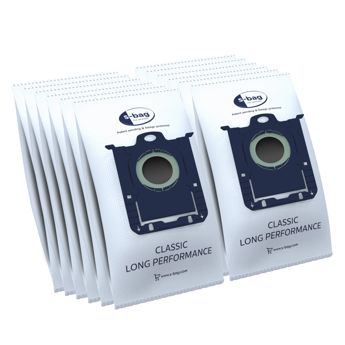 Opakowanie worków do odkurzacza, białe z niebiesko-zielonymi detalami, widok z góry. Białe tło.