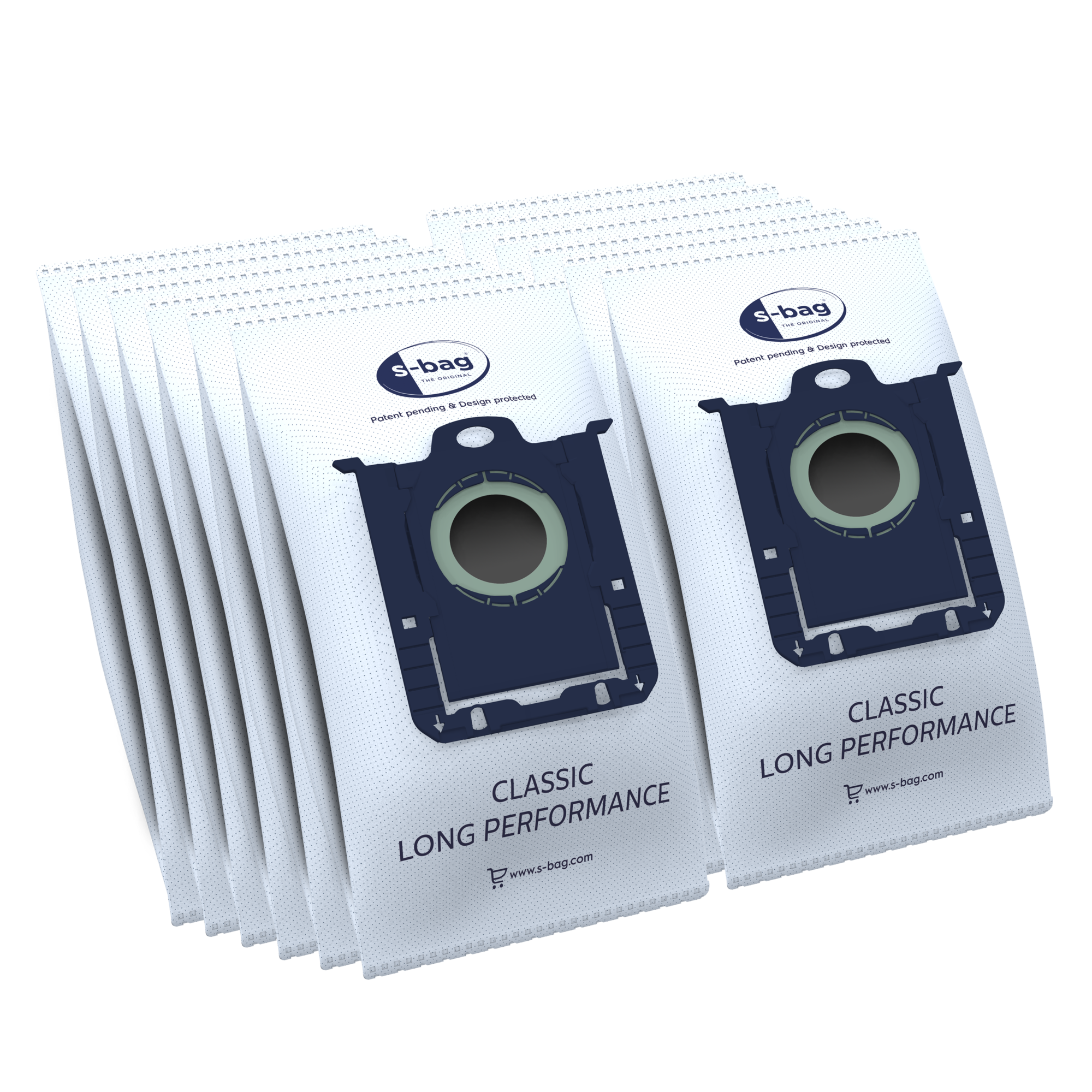 Opakowanie worków do odkurzacza s-bag classic long performance. Worki są białe z ciemnoniebieskimi akcentami.