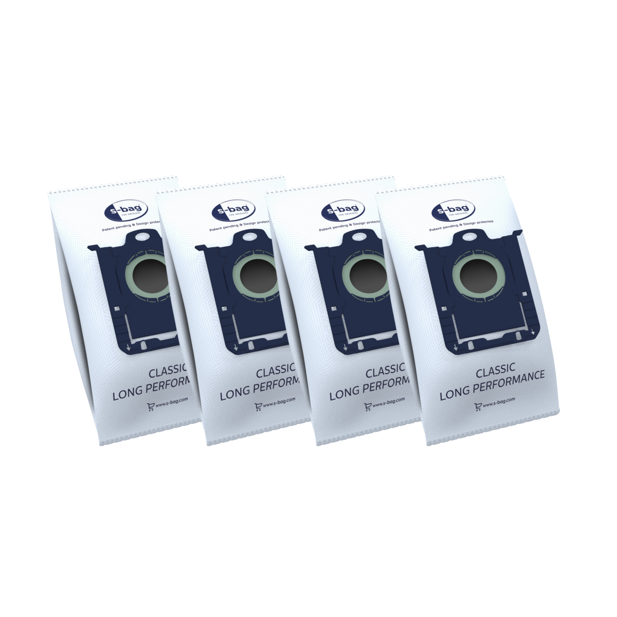 Cztery worki do odkurzacza, białe z niebieskim i czarnym tekstem oraz okrągłą grafiką.