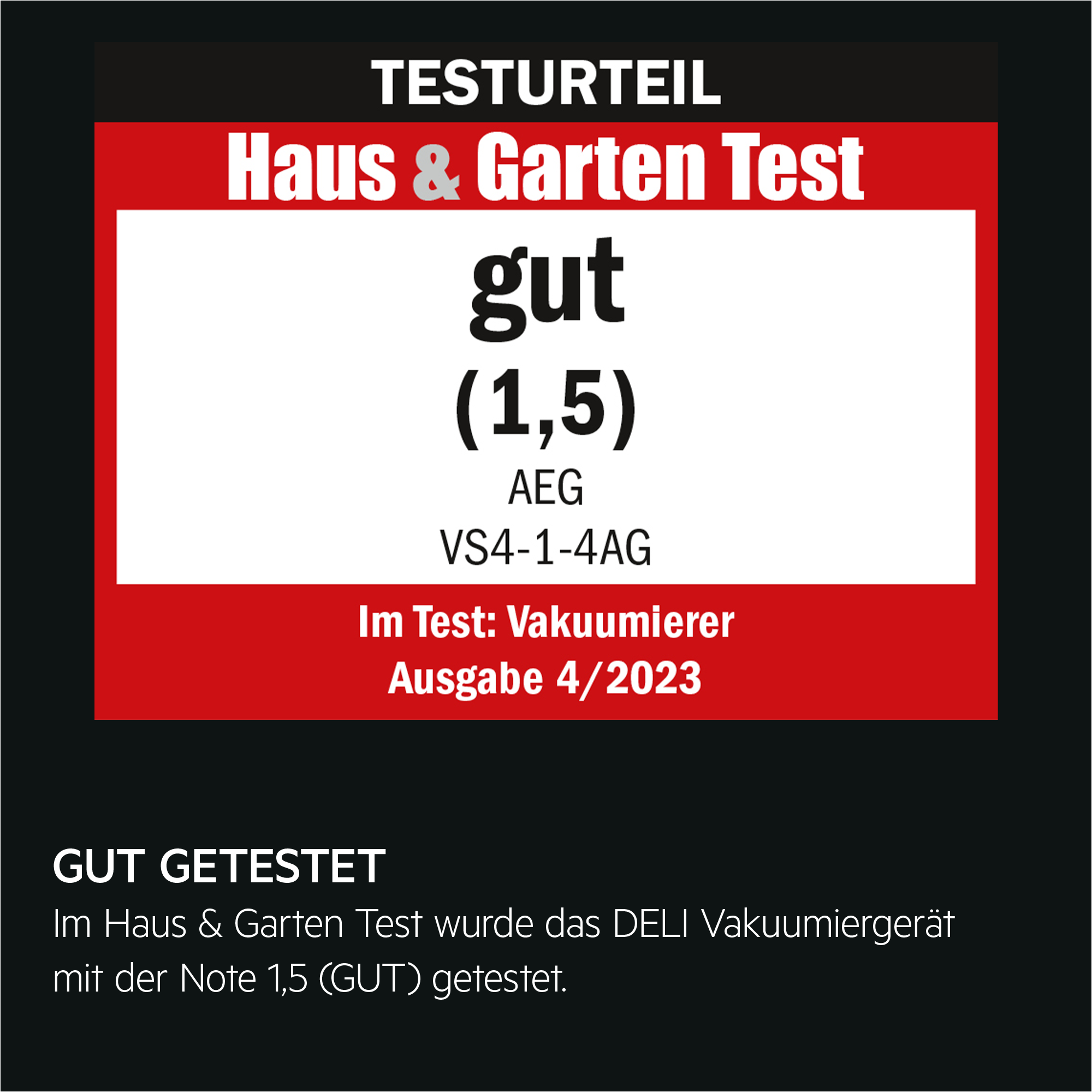 Ein rot-weißes Testergebnis. Der Text lautet 'gut' (gut) mit einer Note von 1,5.