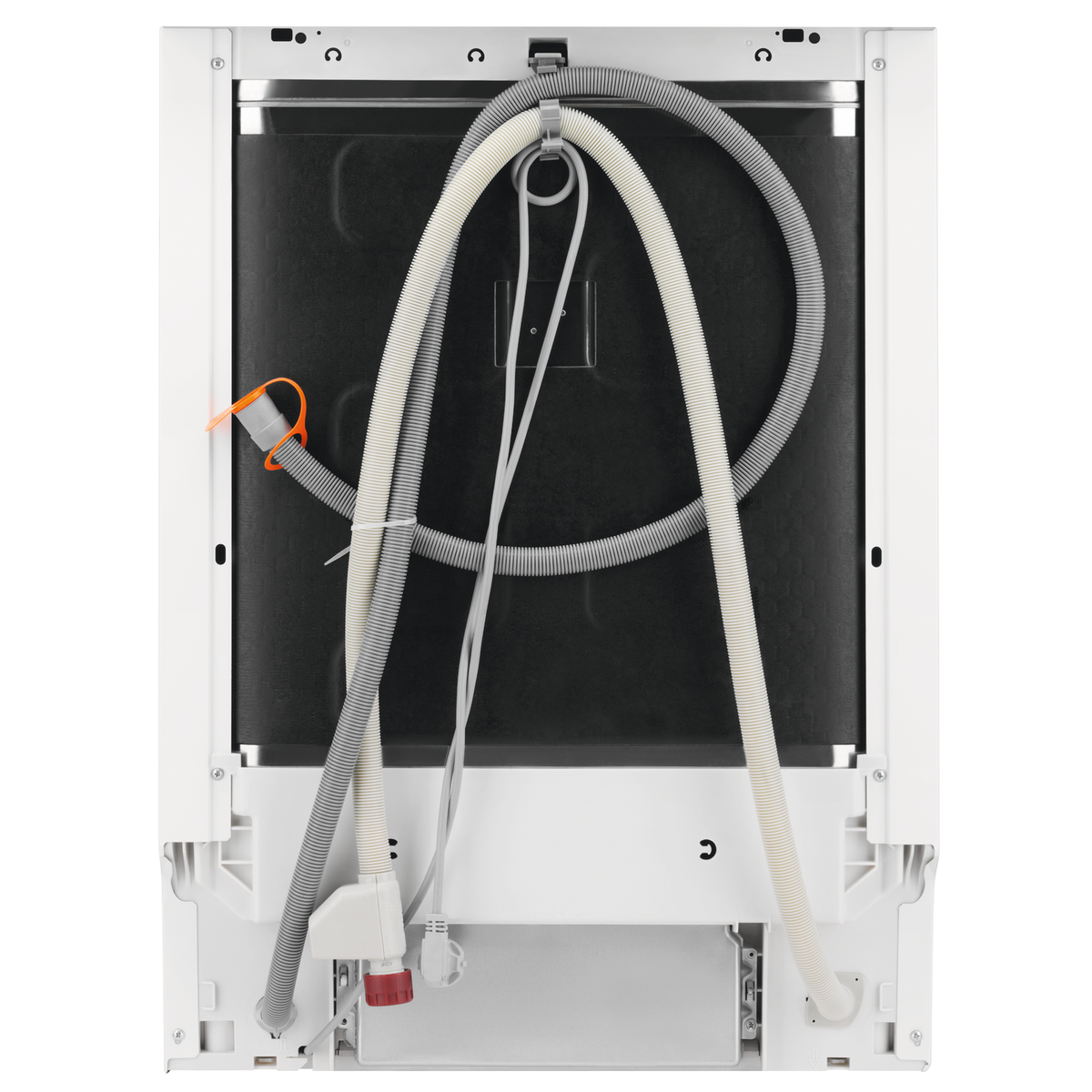 Tył zmywarki z wężami i złączami. Kolory biały i szary, czarne wnętrze.