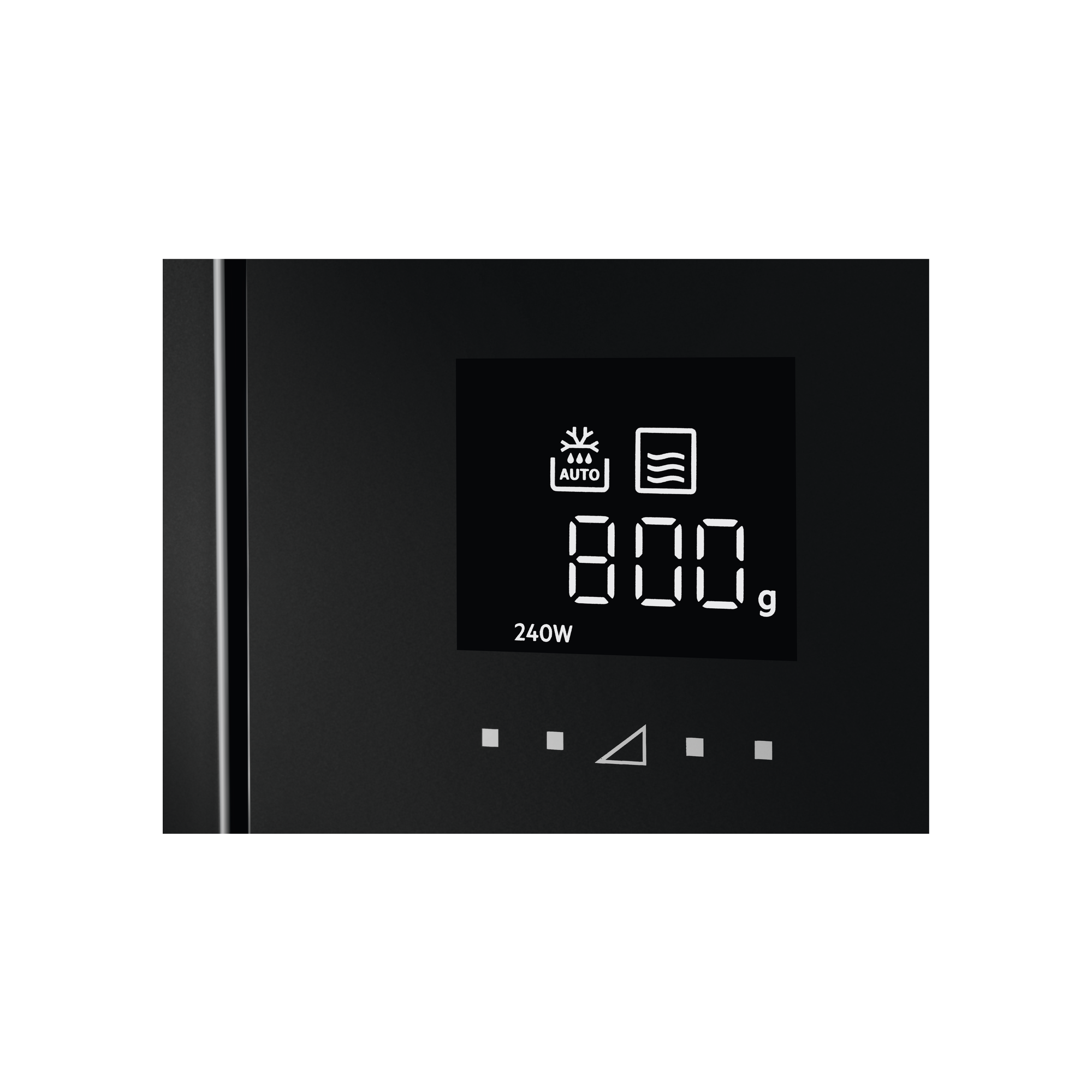 Pantalla de microondas negra. Muestra 800g y otros iconos y números. Fondo negro.