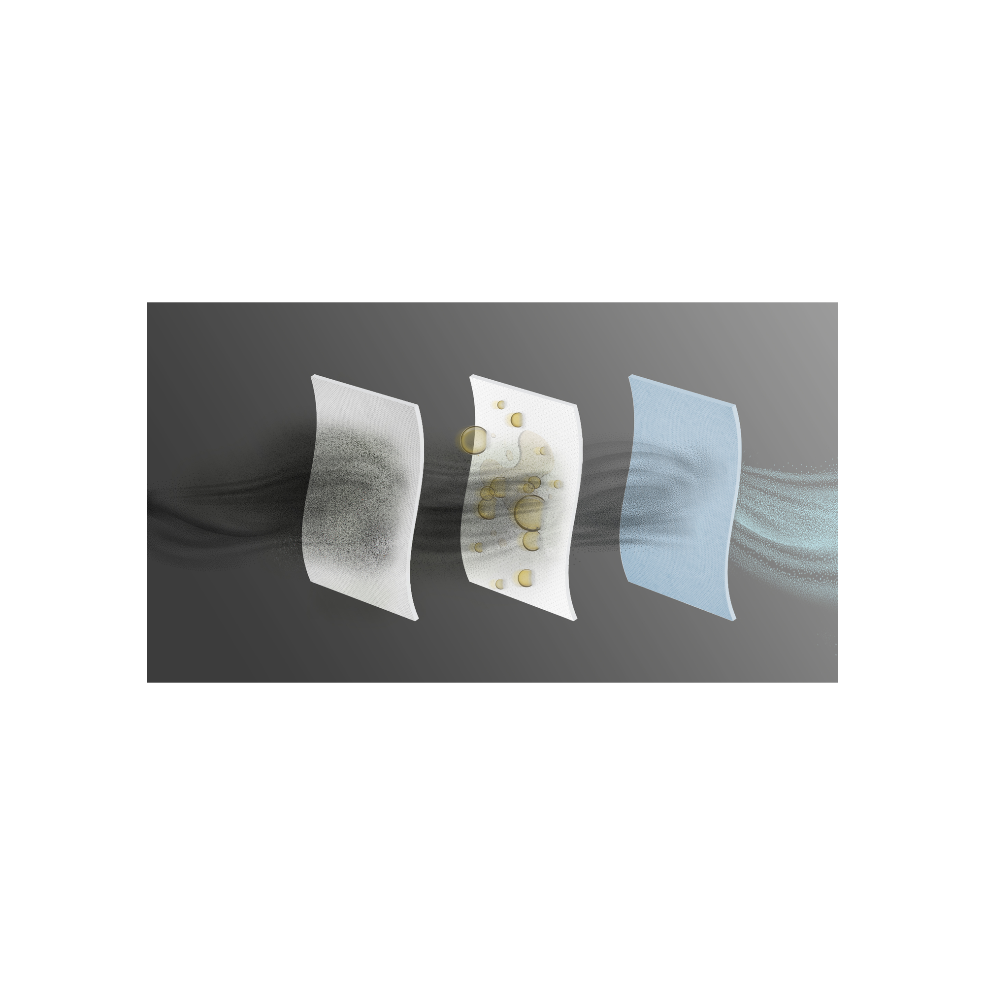 Diagrama de filtración de aire. Capas de papel de filtro, con polvo y gotas de líquido, luego aire limpio.