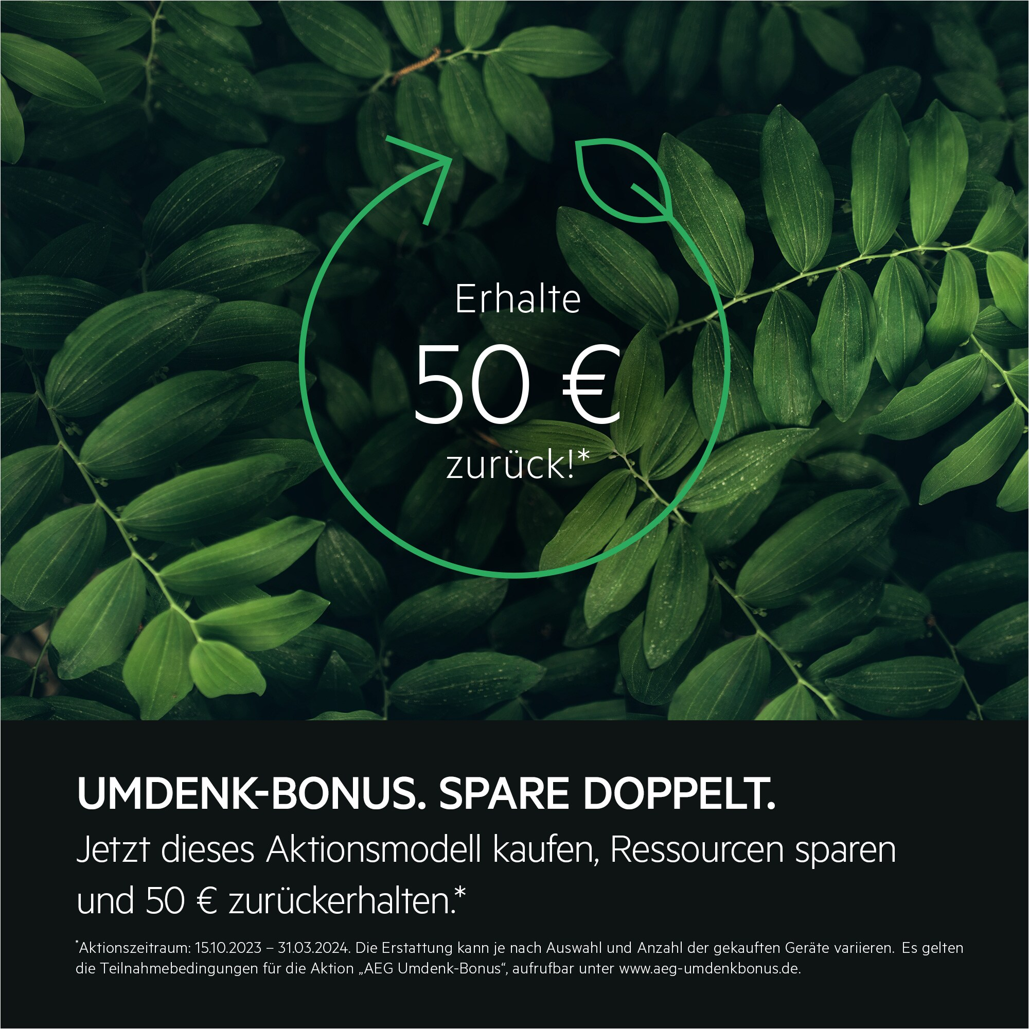 Grüner Blätterhintergrund mit Text über eine Aktion, einschließlich Logo und Text.