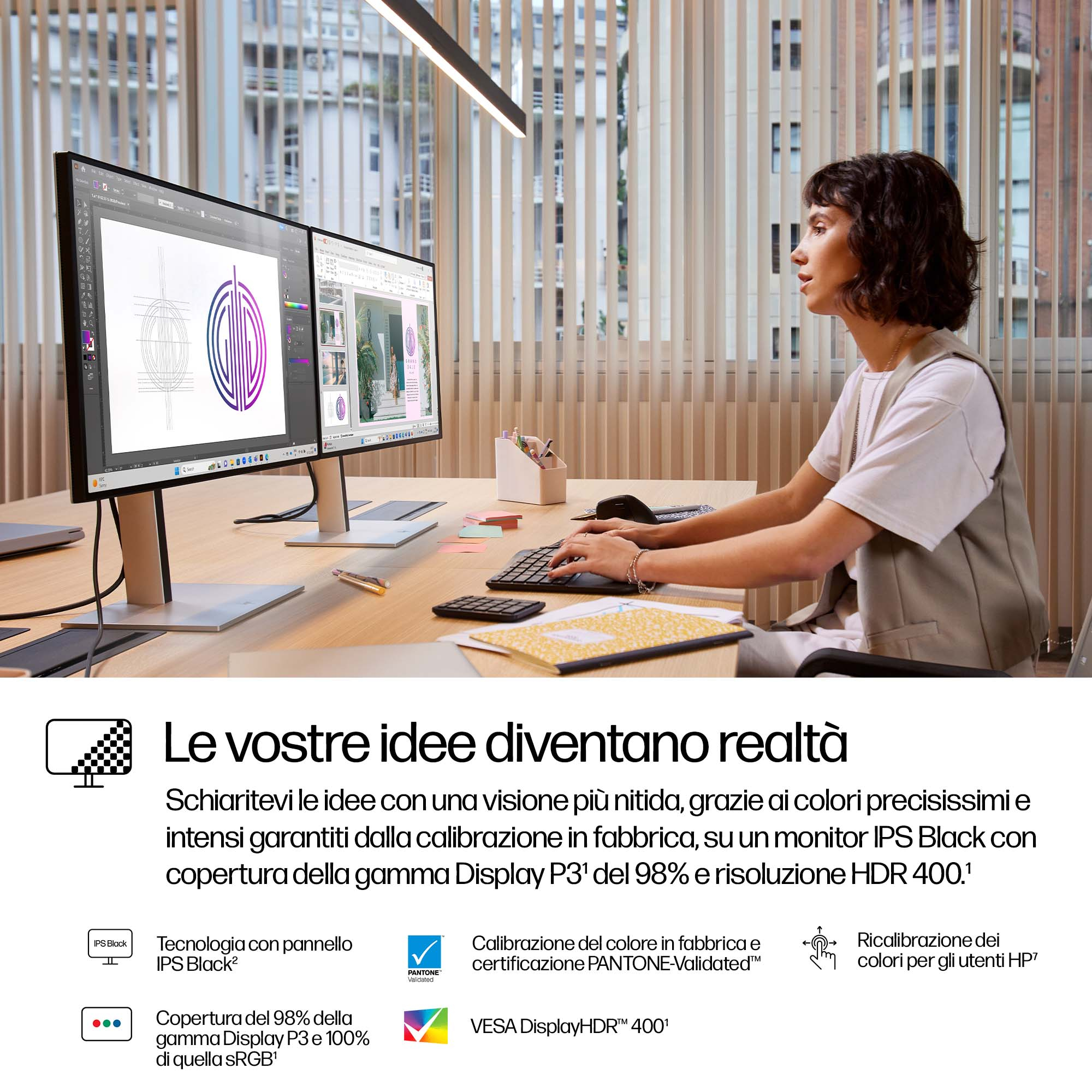 Kobieta siedzi przy biurku z dwoma monitorami, klawiaturą i myszą. Tekst w języku włoskim na dole.