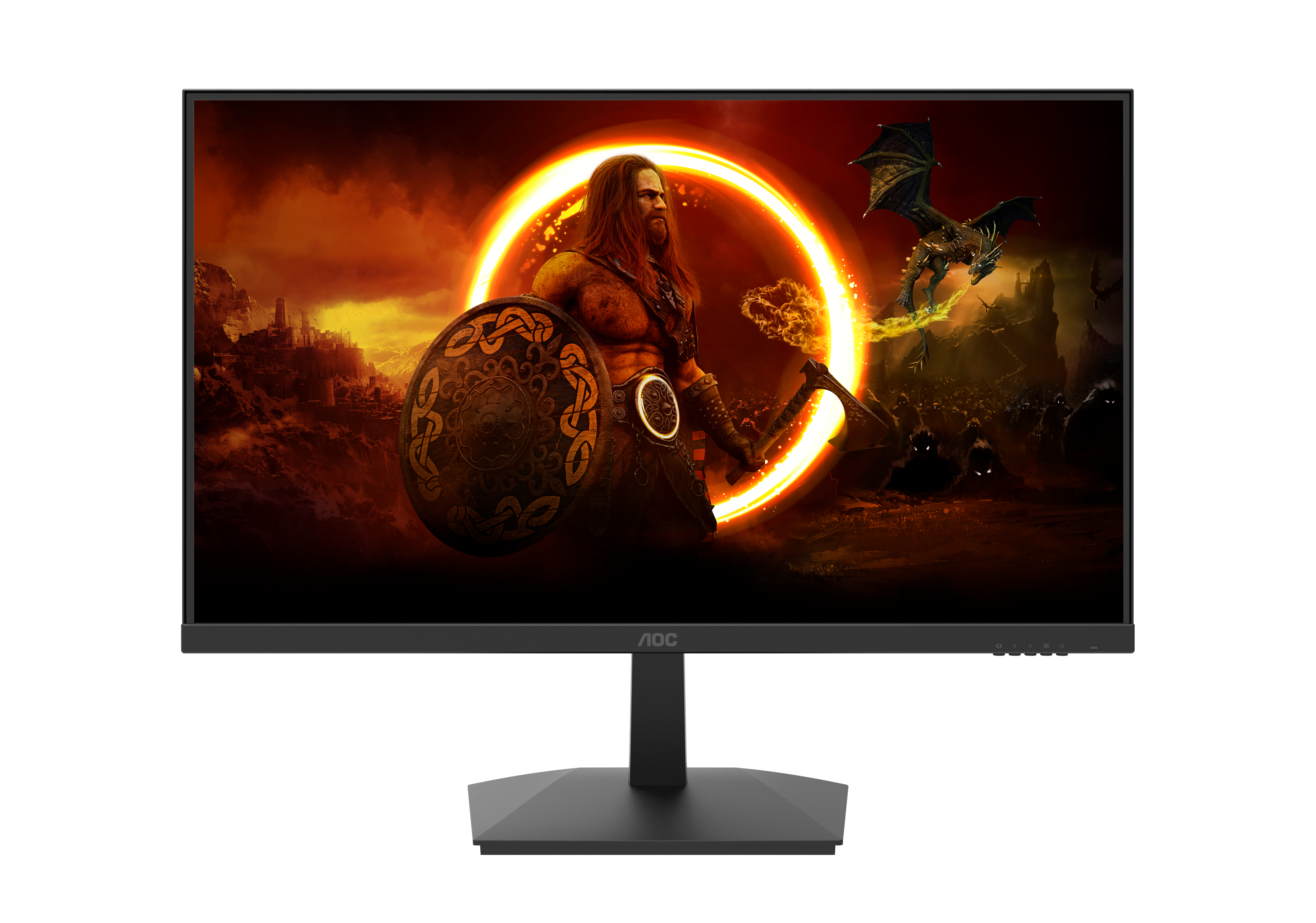 Un monitor negro que muestra una escena de fantasía. Un hombre con escudo, dragón y anillo de fuego.